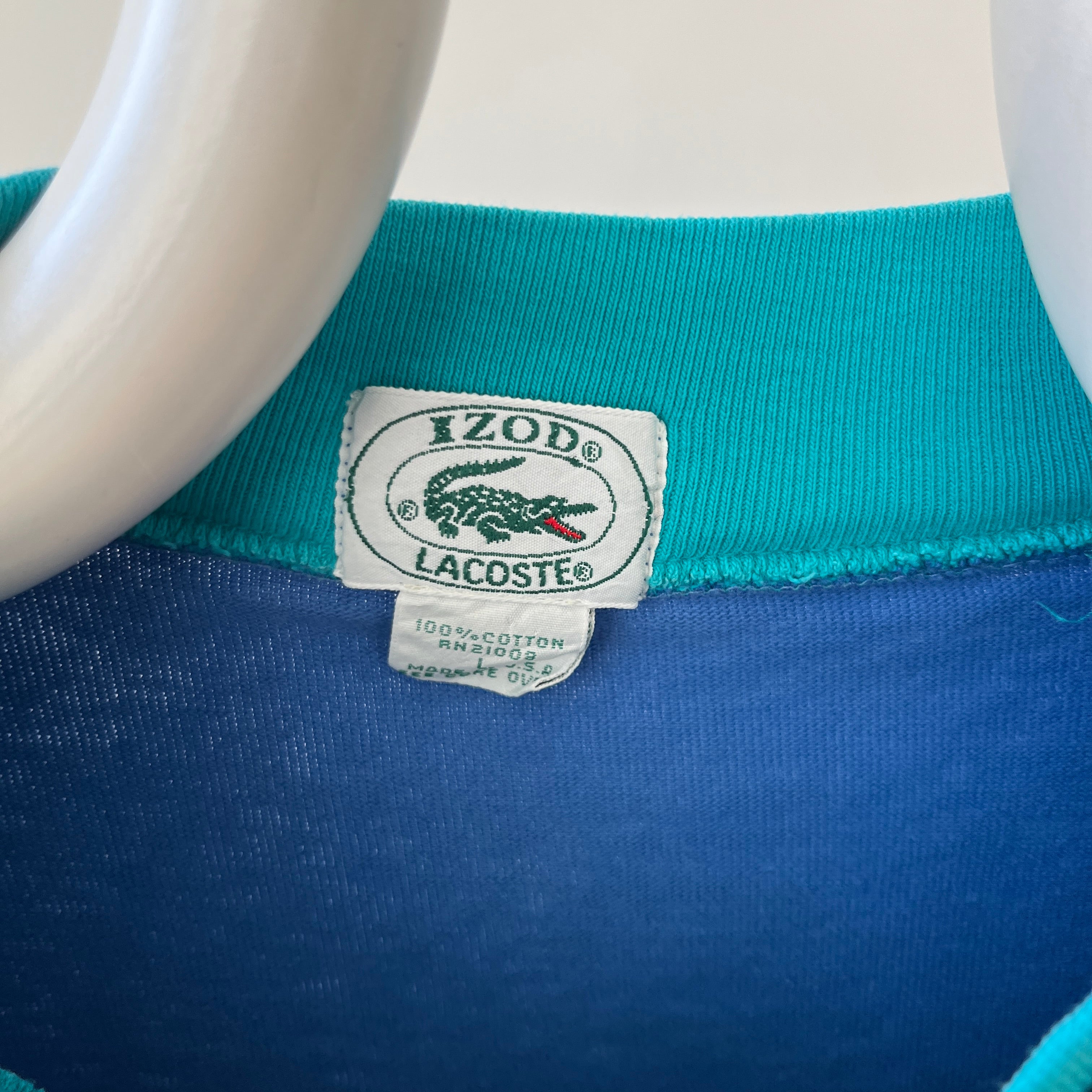 1980s/90s Blank Blue Lacoste Mock Neck Long Sleeve T Shirt