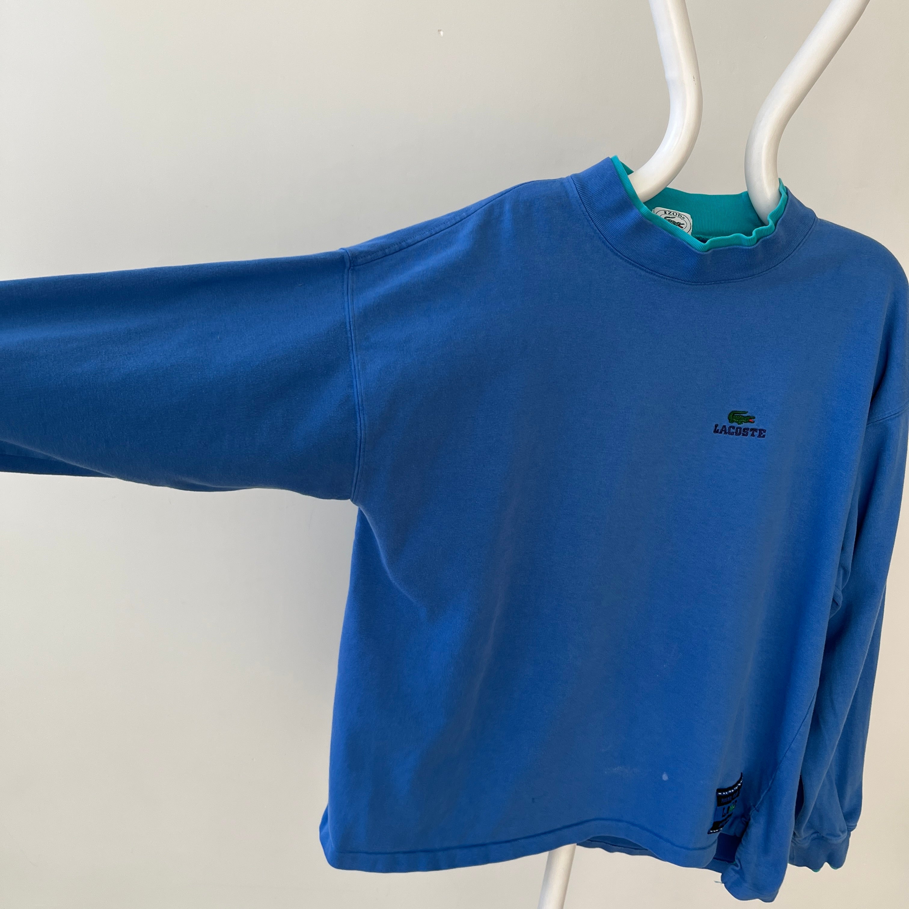 1980s/90s Blank Blue Lacoste Mock Neck Long Sleeve T Shirt