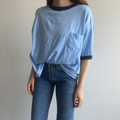 1970/80s Slouchy Larger Heather Blue Ring Tee with a Lovely Pocket (Wrinkled)