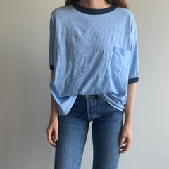 1970/80s Slouchy Larger Heather Blue Ring Tee with a Lovely Pocket (Wrinkled)