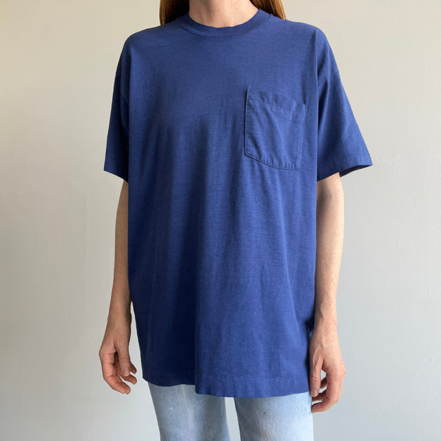 1980s Silky Soft Thinned Out Selvedge Pocket Navy T-Shirt - Swoon