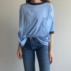 1970/80s Slouchy Larger Heather Blue Ring Tee with a Lovely Pocket (Wrinkled)