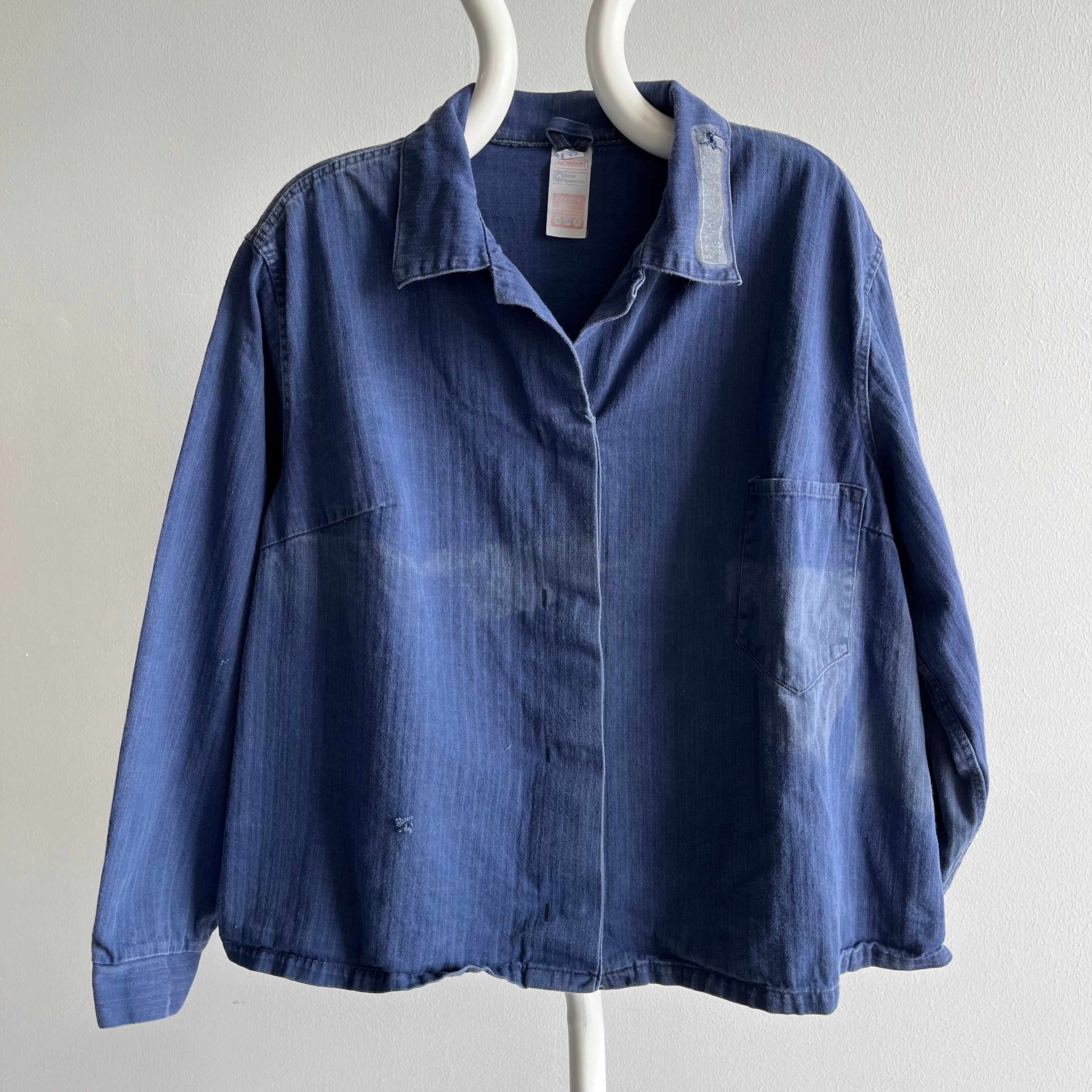 1990s Women's Herringbone Twill HBT Cropped Chore Shirt with Sun Fading