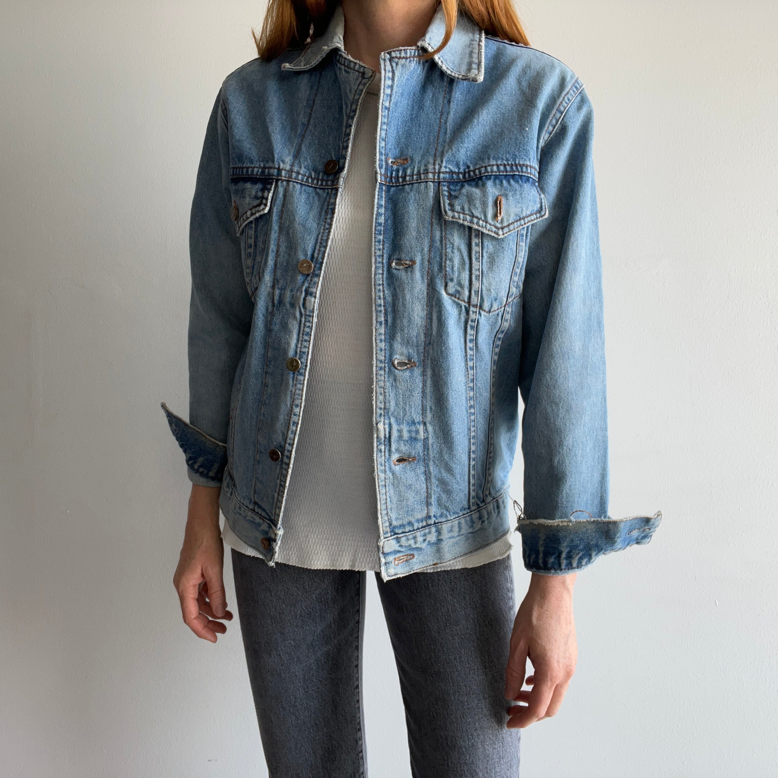 Plain Pockets Faded Denim Trucker Jacket Vintage 80s Size 