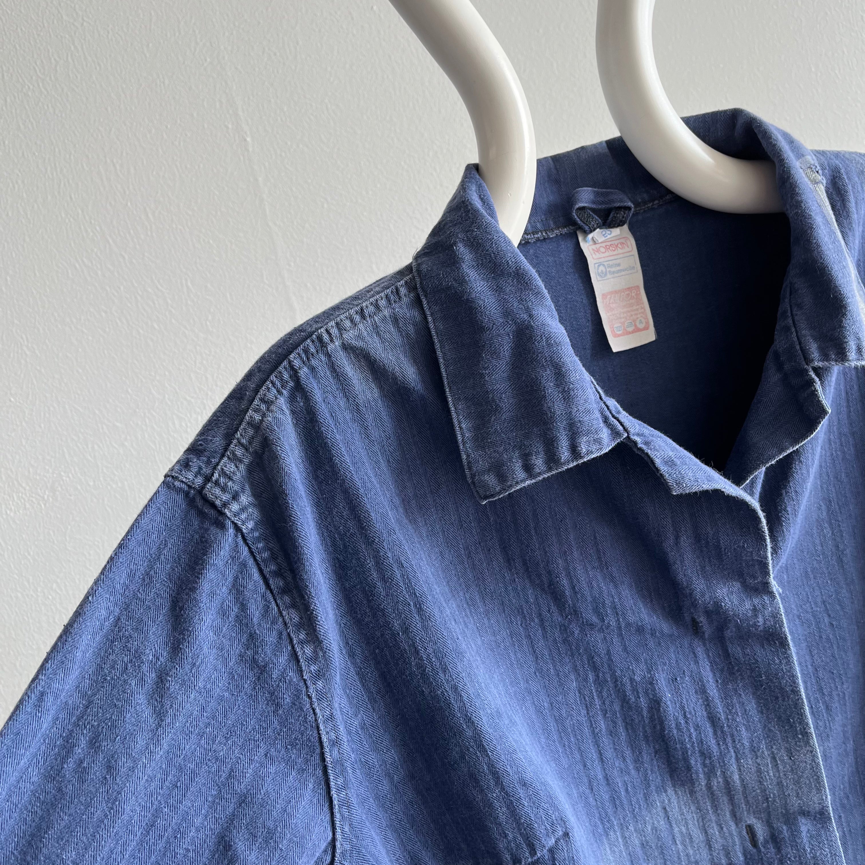 1990s Women's Herringbone Twill HBT Cropped Chore Shirt with Sun Fading