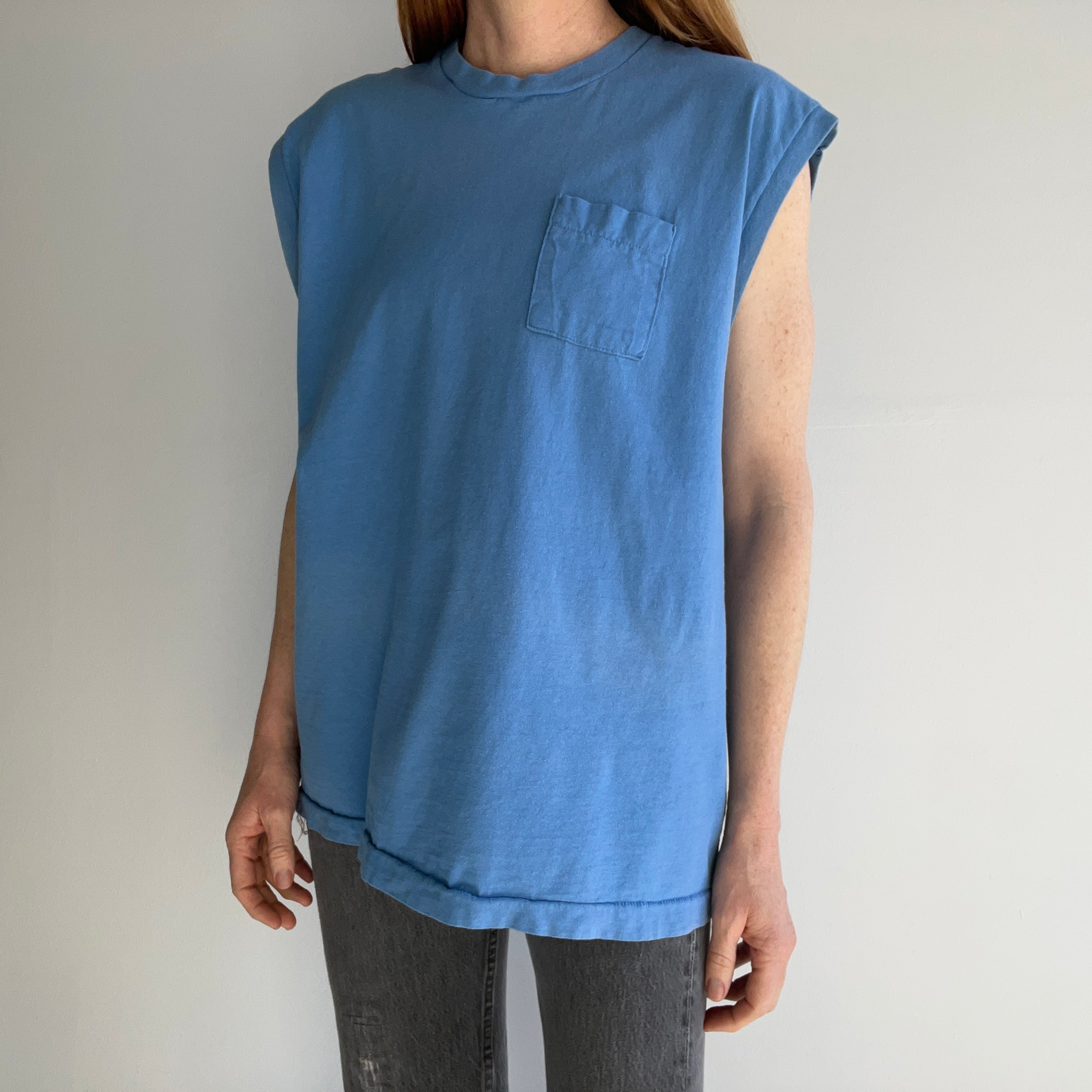 1980s Sky Blue Medium Weight Cotton Selvedge Pocket Muscle Tank