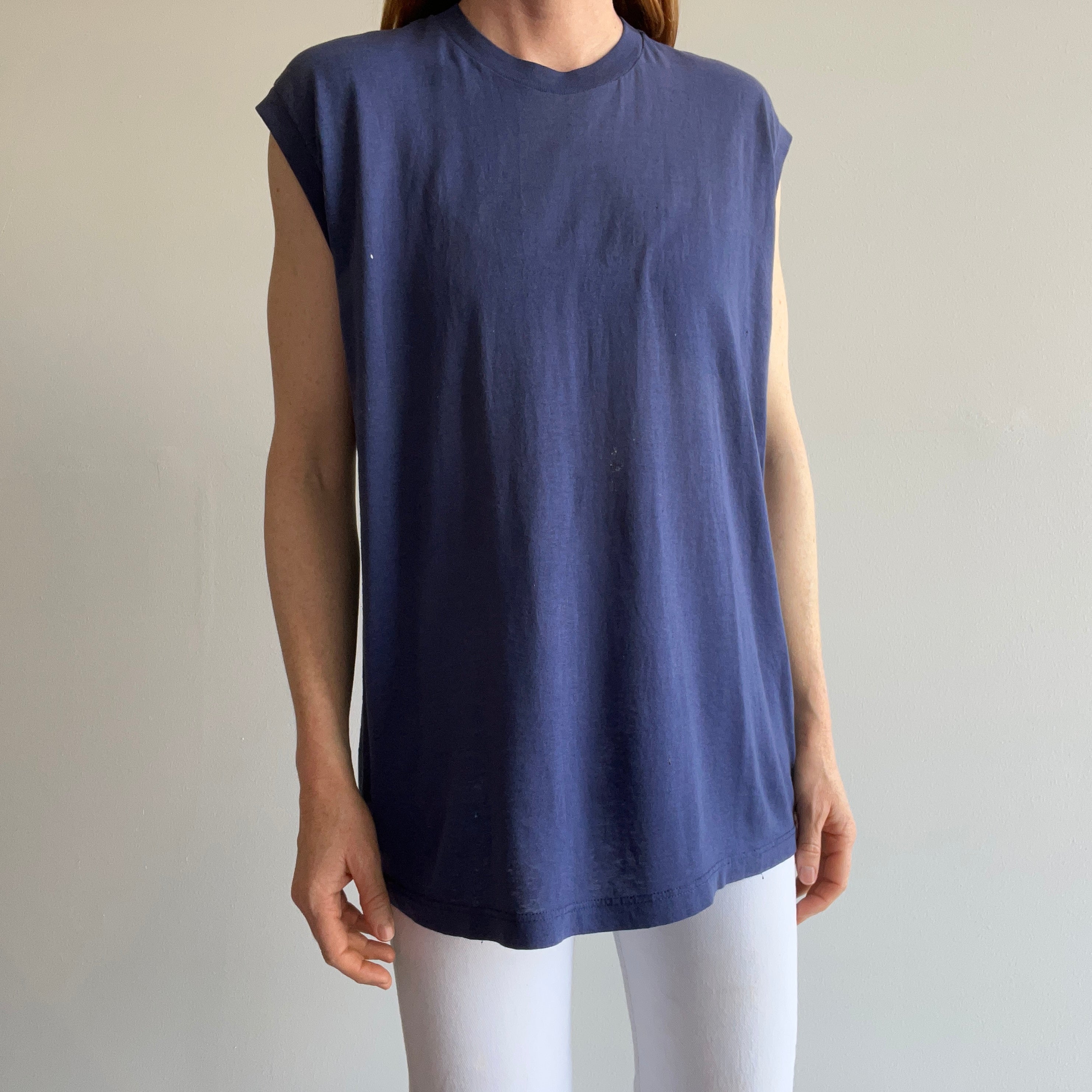 1980s Super Faded, Thin and Stained Navy Former Pocket Muscle Tank