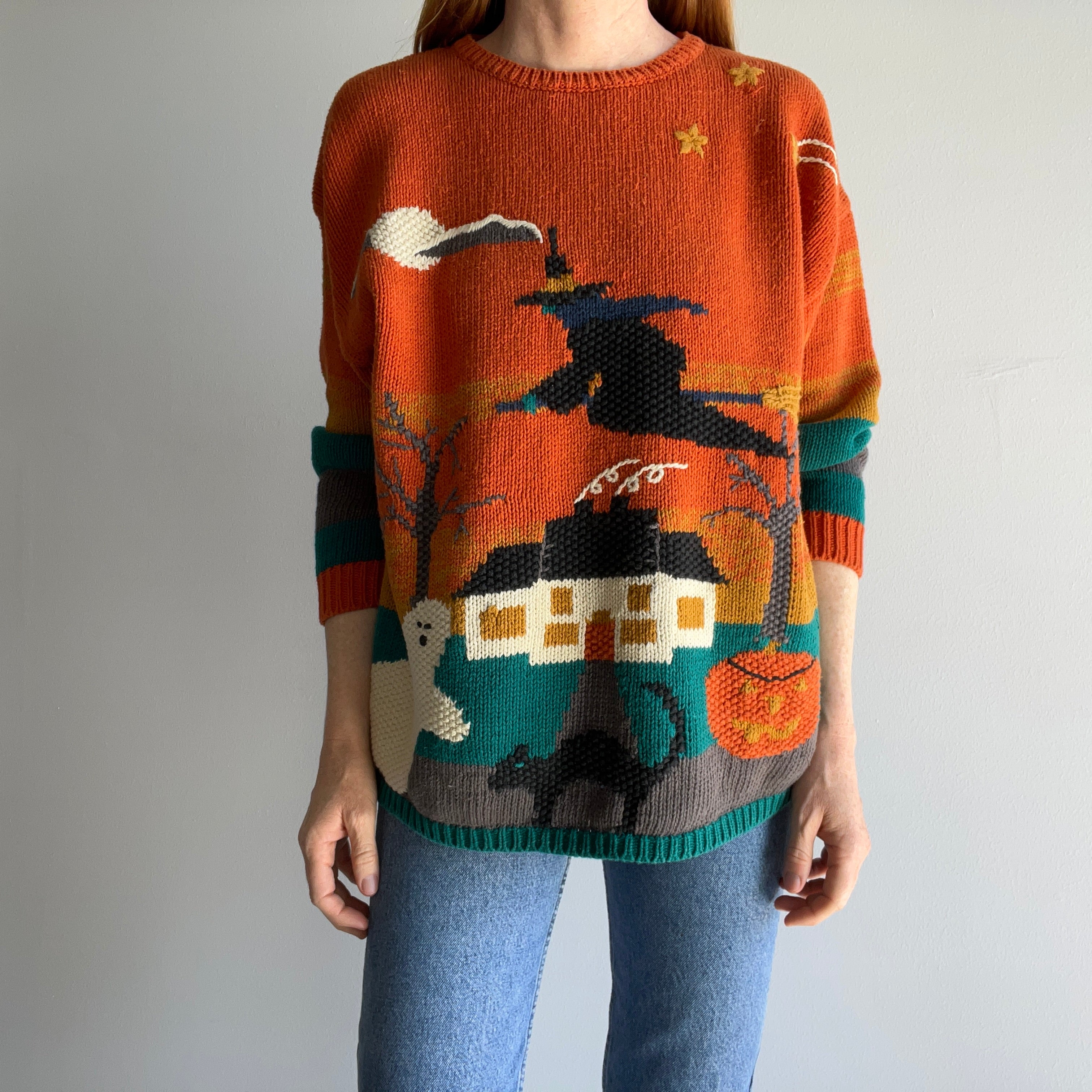 1990s Witch Cotton Knit Halloween Sweater