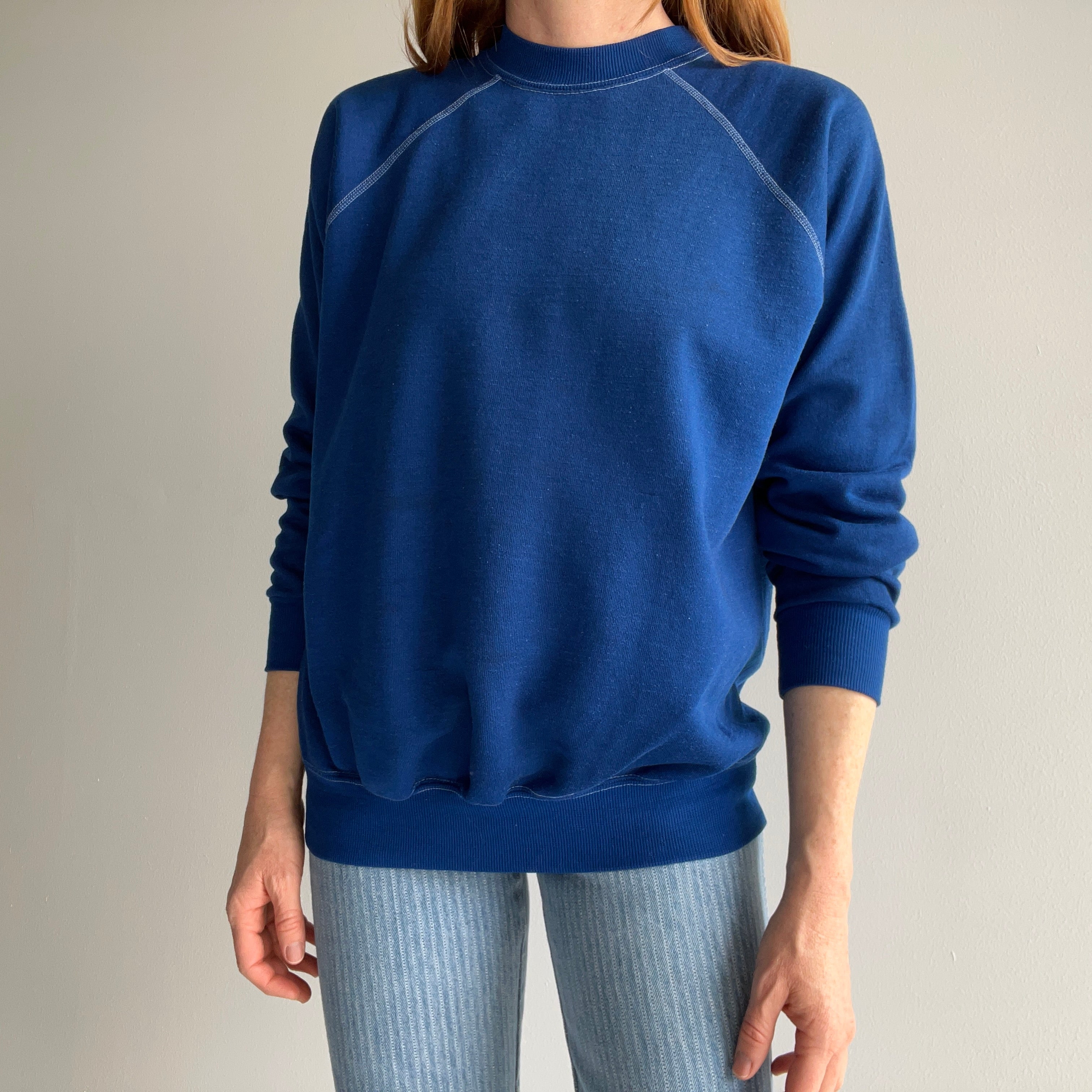 1970/80s Royal/Dark Royal Blue Raglan with White Contrast Stitching