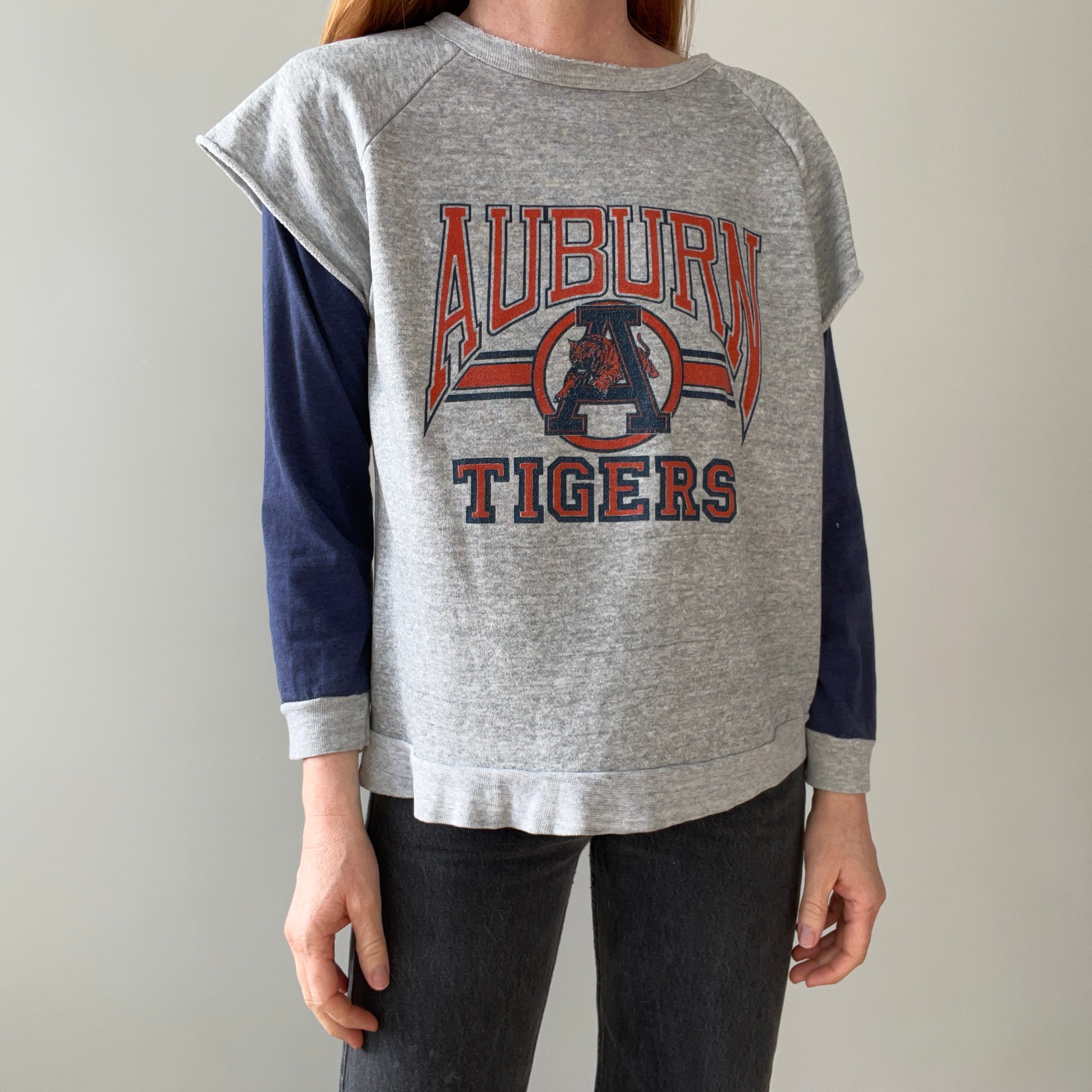 1980s Twofer Auburn Super Thin and Tattered Built In Long Sleeve Warm Up Sweatshirt