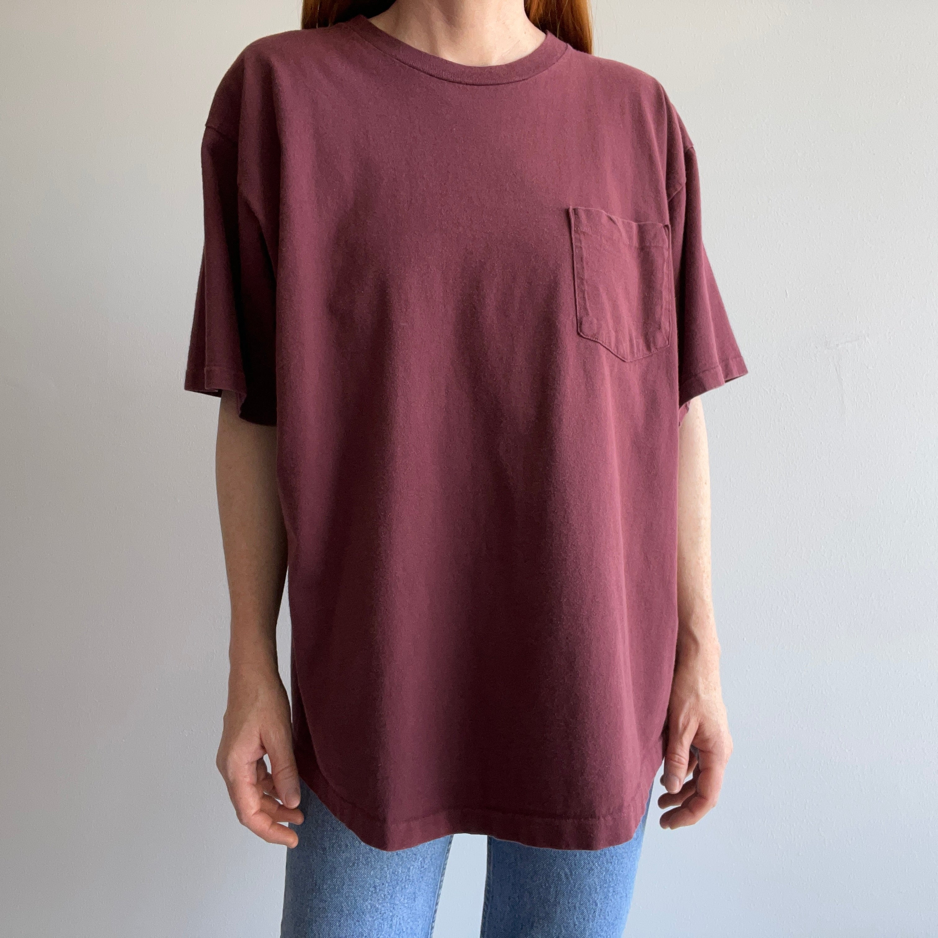 1980s Deep Burgundy Purple/Red Cotton Pocket T-shirt