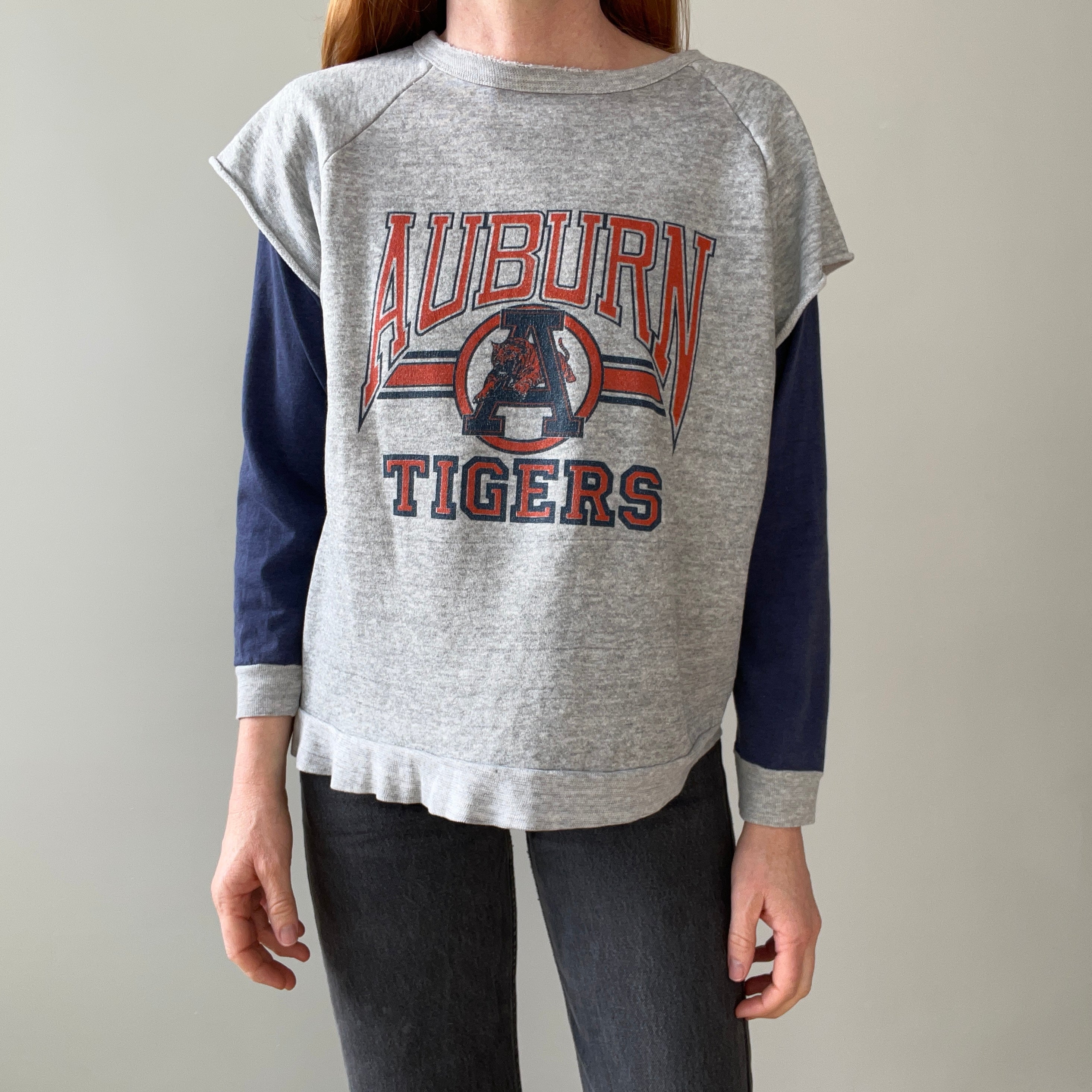 1980s Twofer Auburn Super Thin and Tattered Built In Long Sleeve Warm Up Sweatshirt