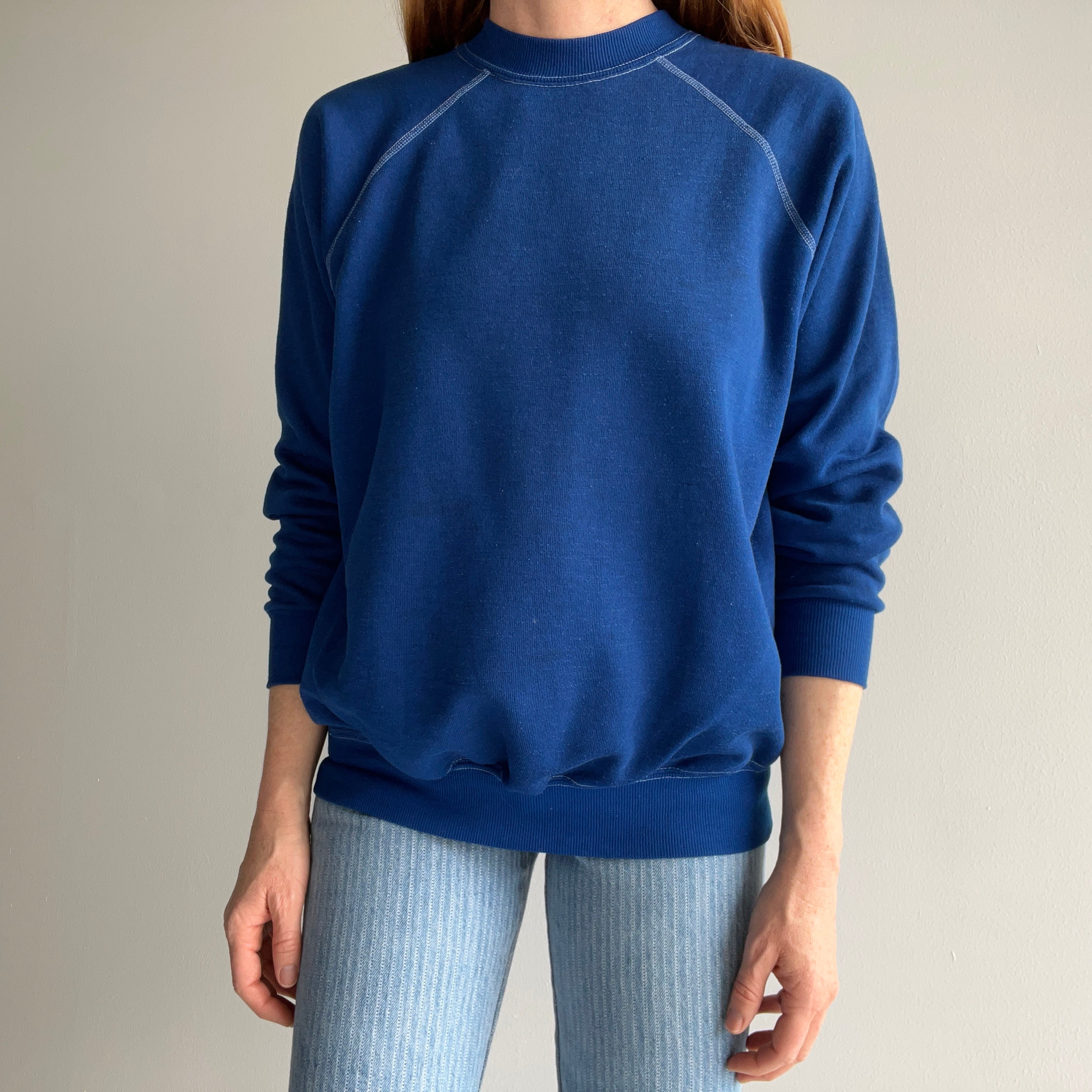 1970/80s Royal/Dark Royal Blue Raglan with White Contrast Stitching