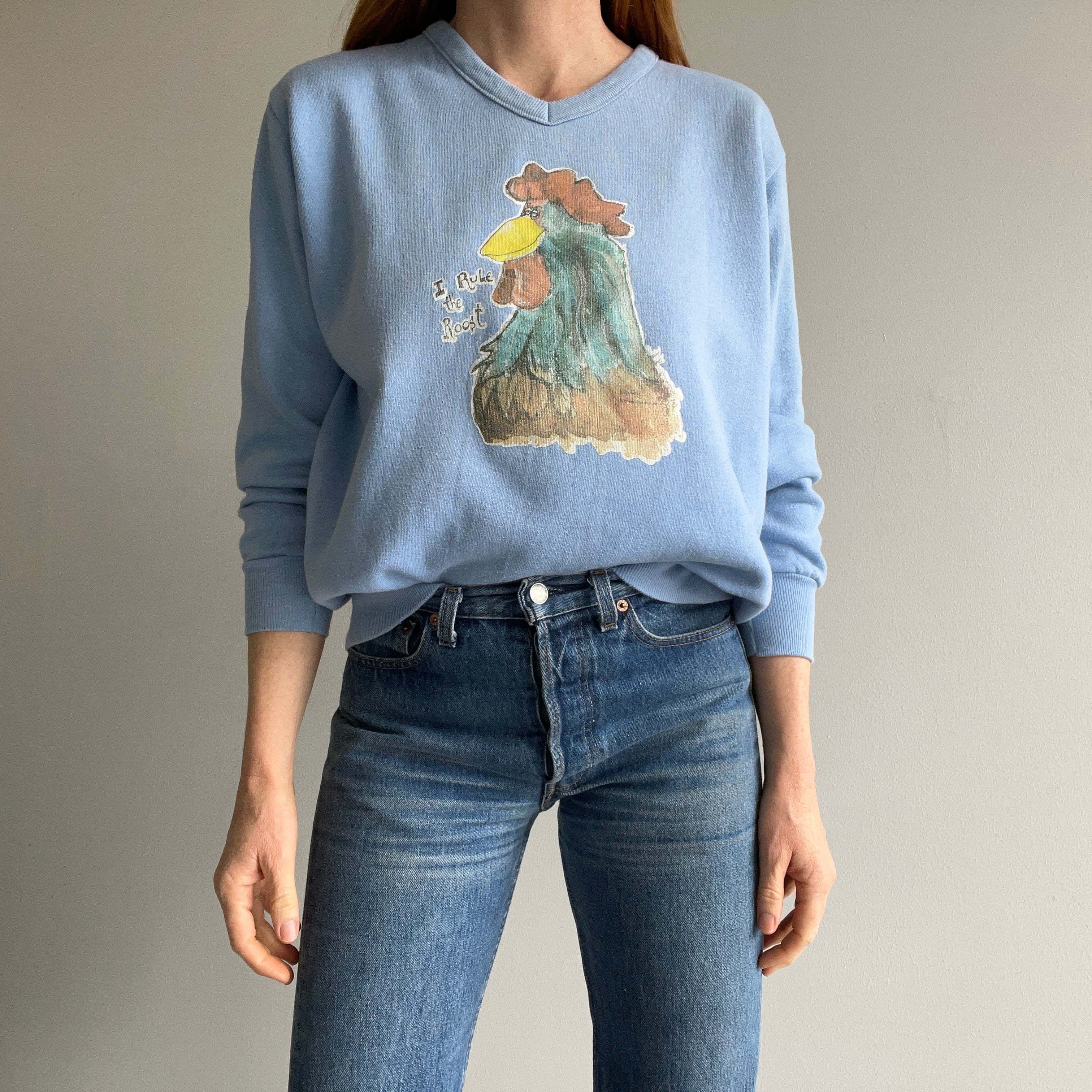 1970s I Rule The Roost(er) V-Neck Sweatshirt