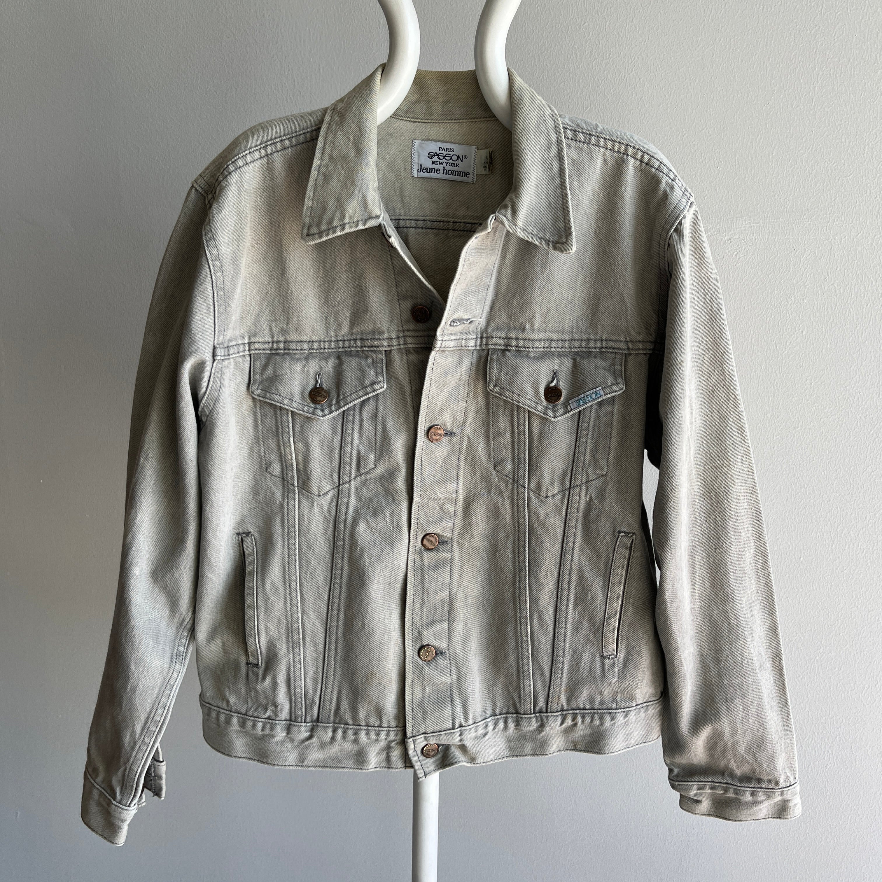 1980s Light Gray Bleach Stained Sasson Denim Jean Jacket - USA Made