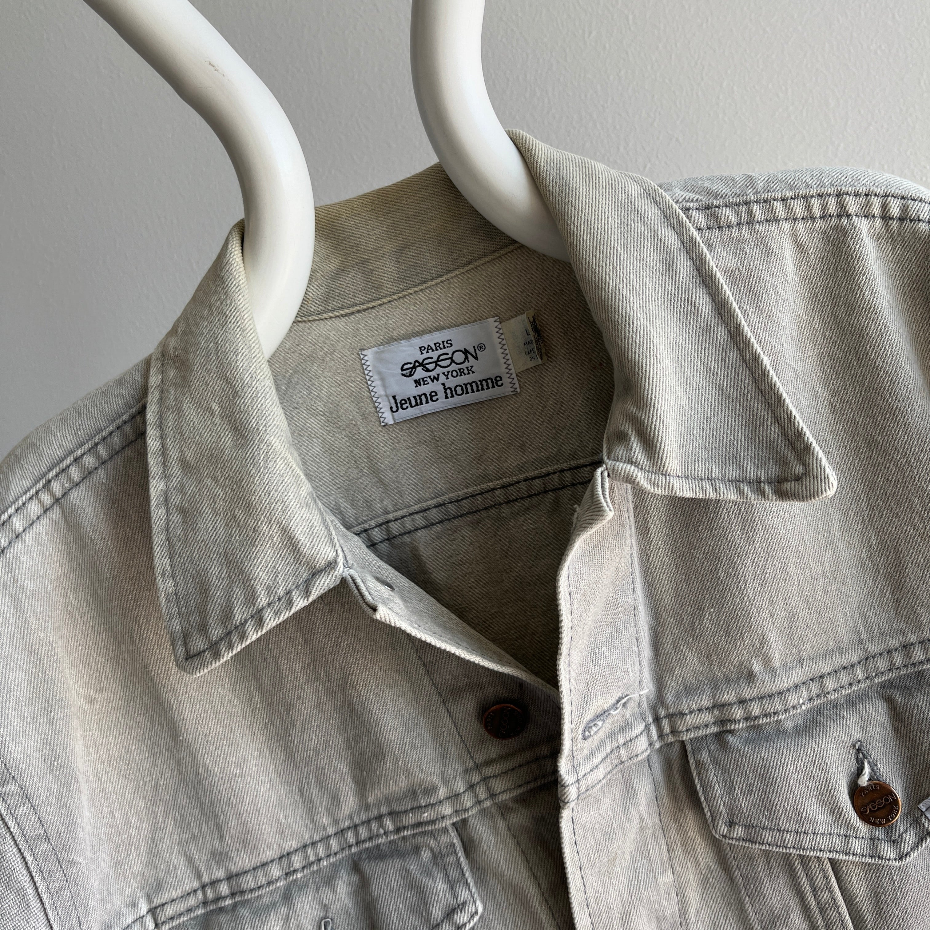 1980s Light Gray Bleach Stained Sasson Denim Jean Jacket - USA Made