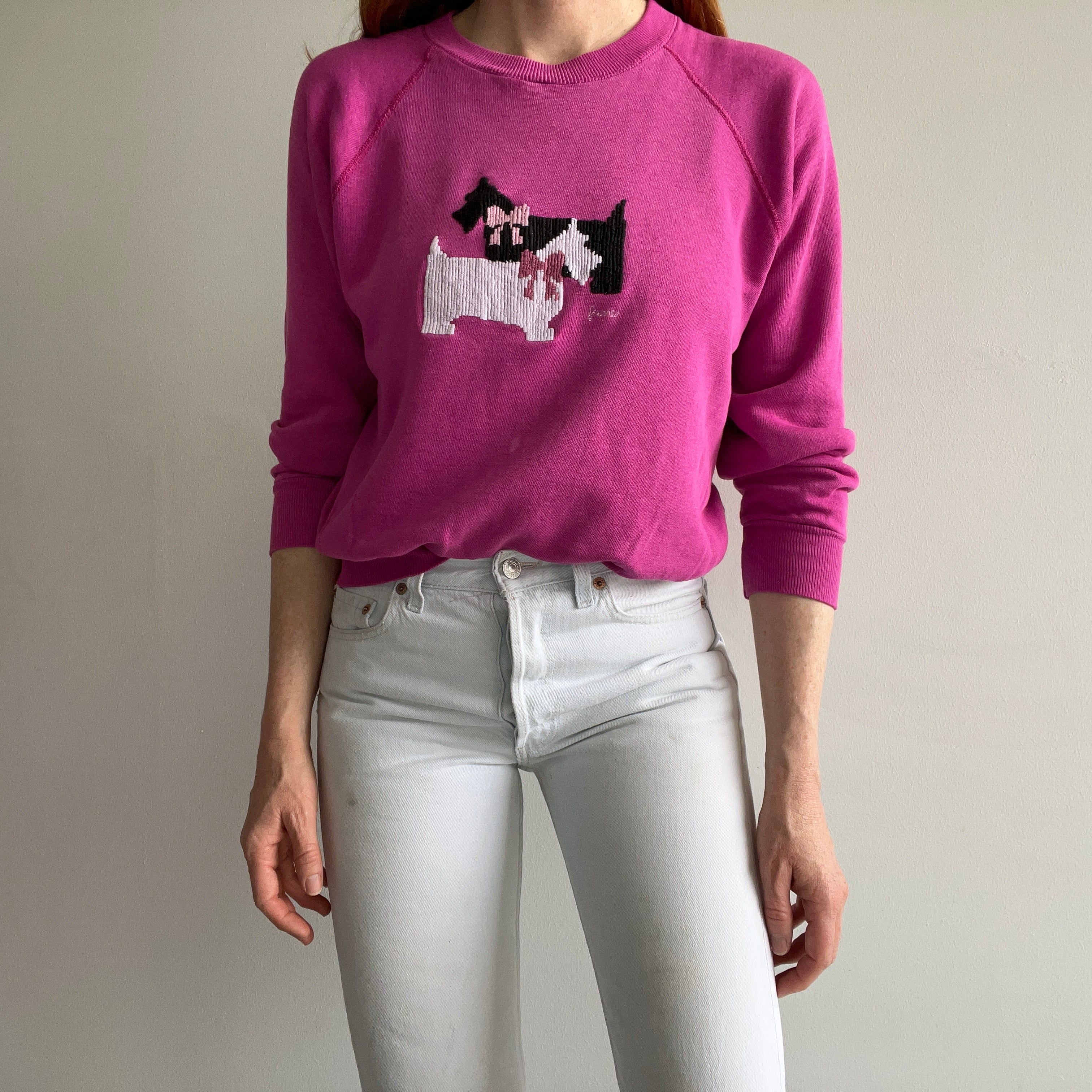 1980s DIY Scottie and a Westie Needlepoint (?) Sweatshirt by Bassett Walker