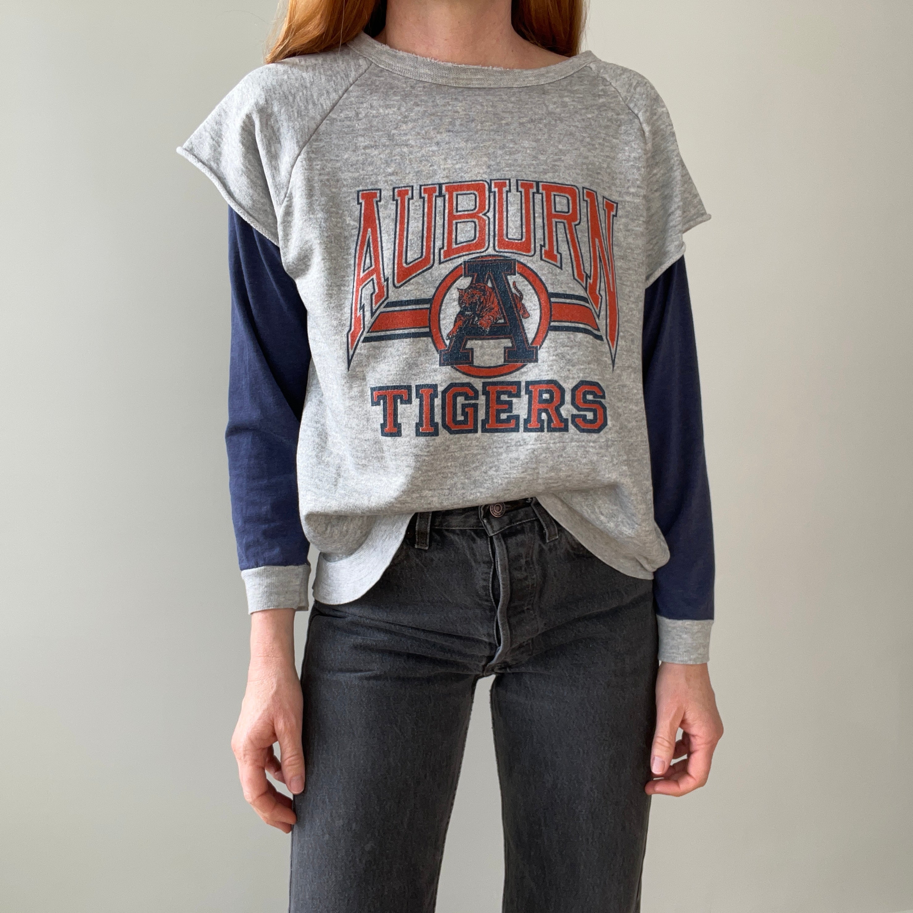 1980s Twofer Auburn Super Thin and Tattered Built In Long Sleeve Warm Up Sweatshirt