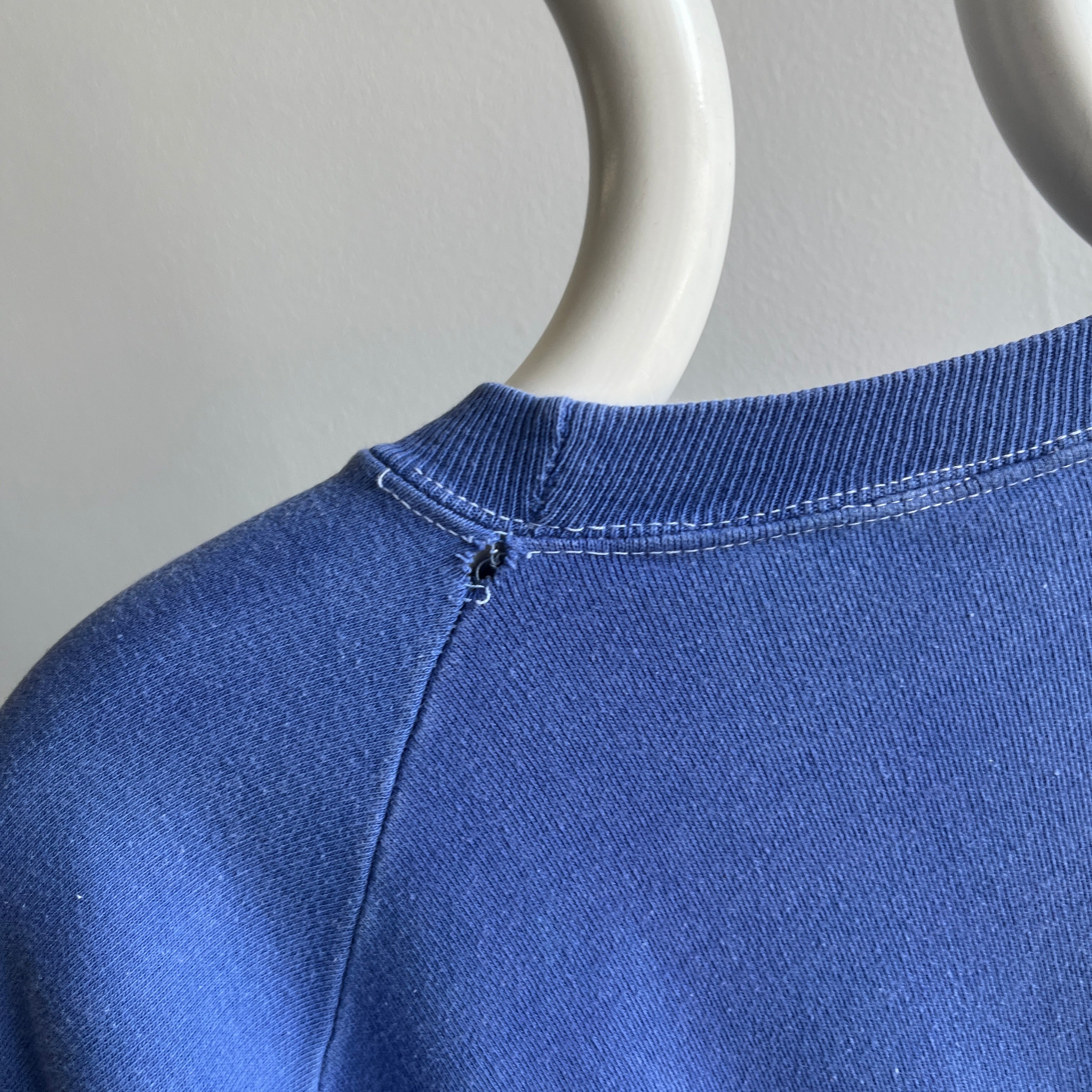 1970s Incredible Shorter Long Sleeve Bleach and Sun Faded Periwinkle Sweatshirt