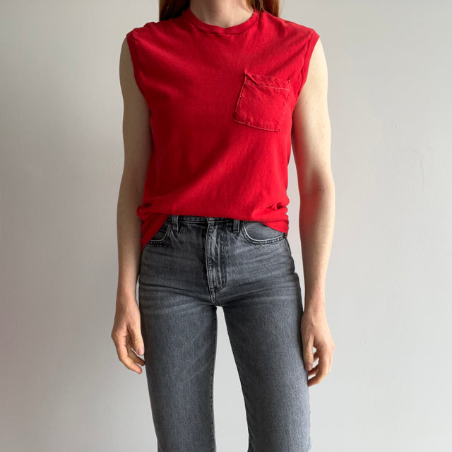 1980s (Early) Blank Red Pocket Muscle Tank with Contrast Stitching - AWWWWW