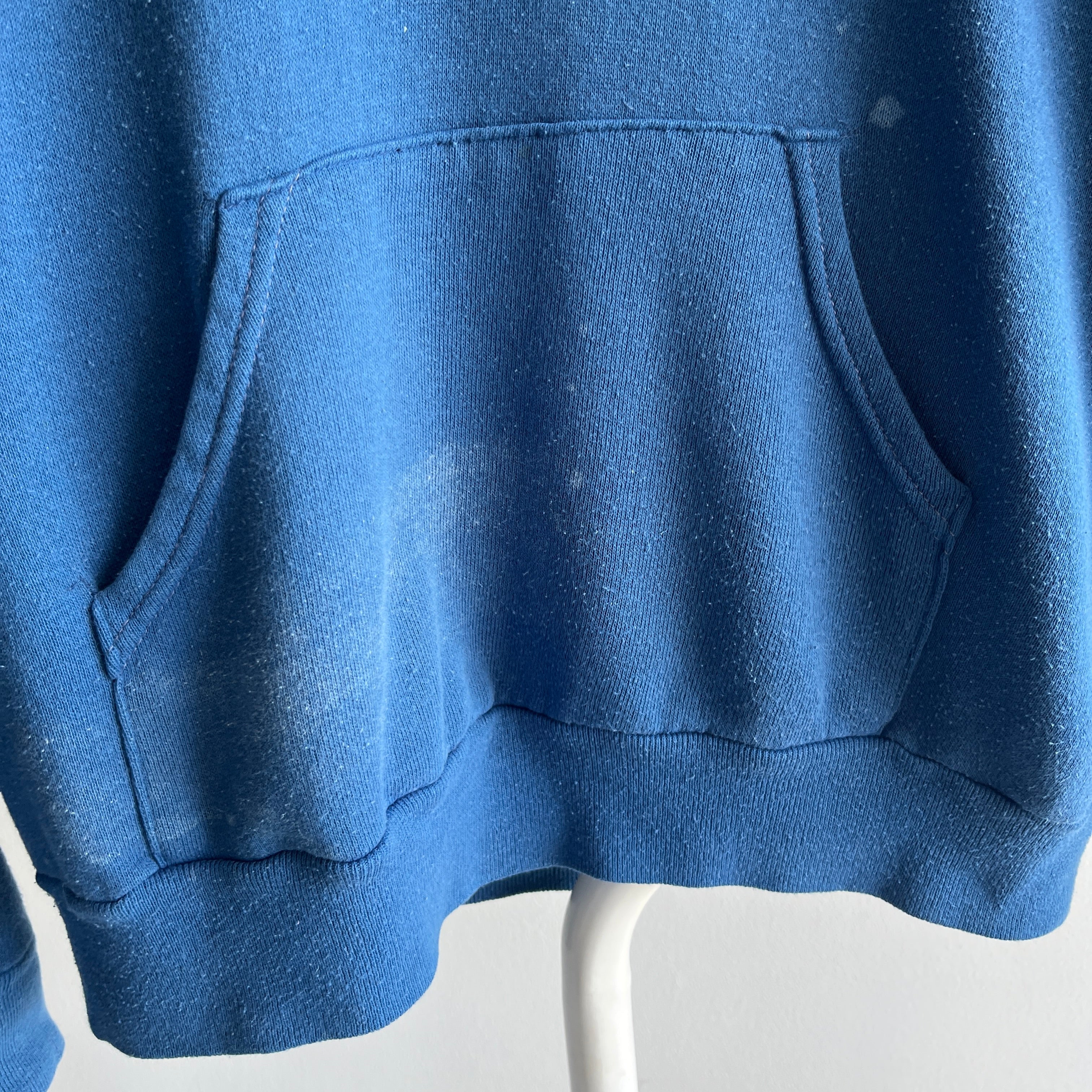 1980s Soft, Thin and Slouchy Bleach Stained Blue Hoodie - !!!!