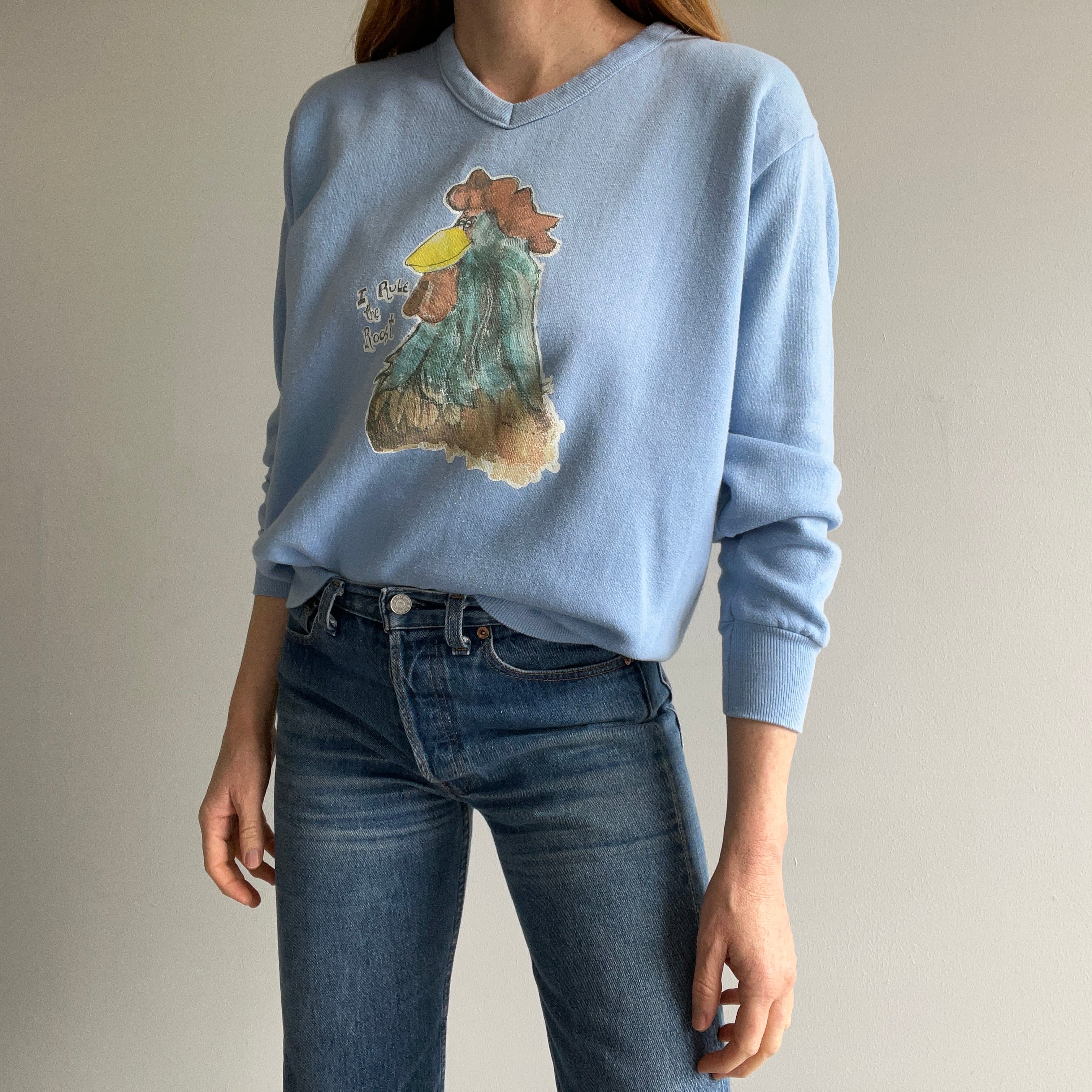 1970s I Rule The Roost(er) V-Neck Sweatshirt