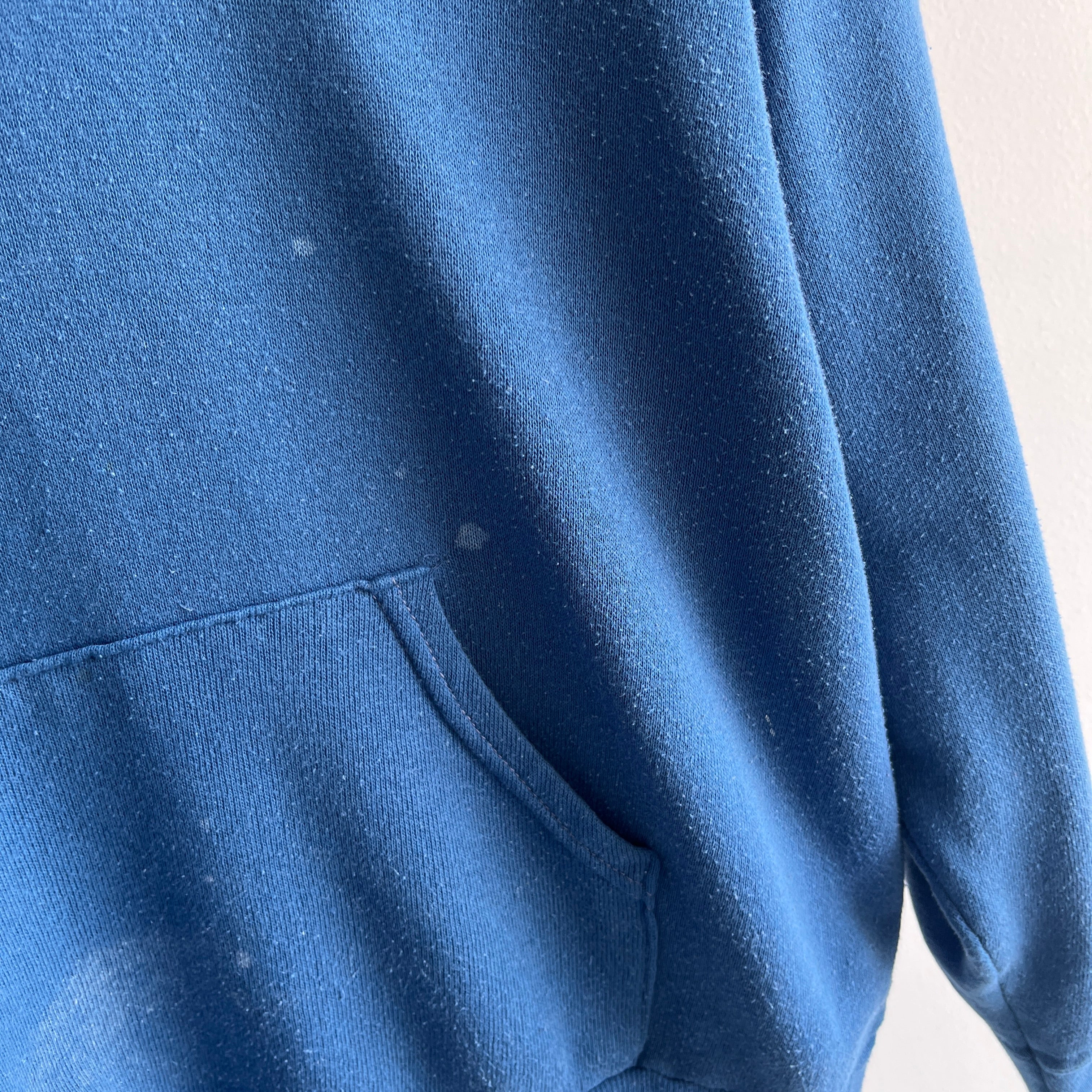 1980s Soft, Thin and Slouchy Bleach Stained Blue Hoodie - !!!!