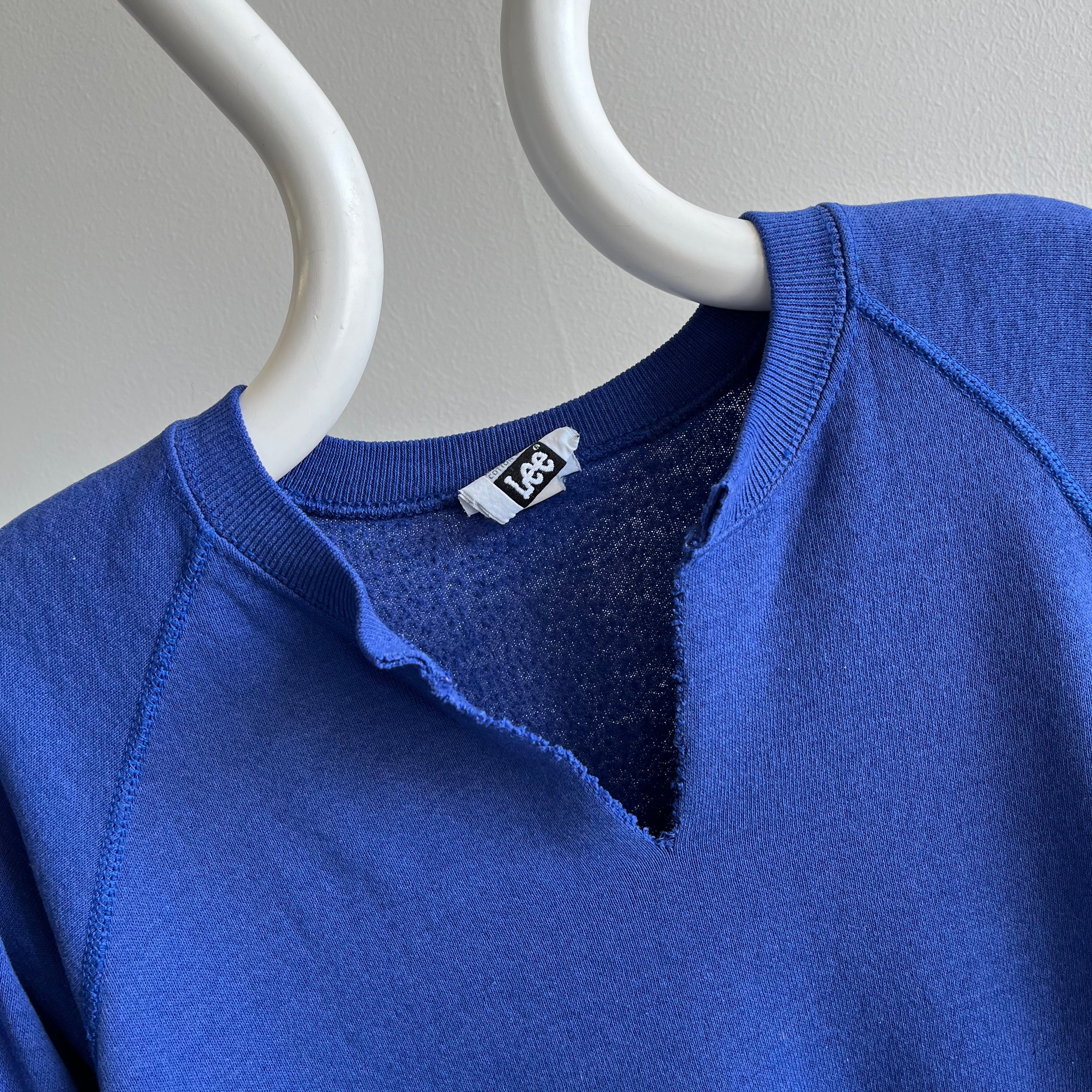 1980/1990s Blank Blue Raglan by Lee Brand with DIY Neck