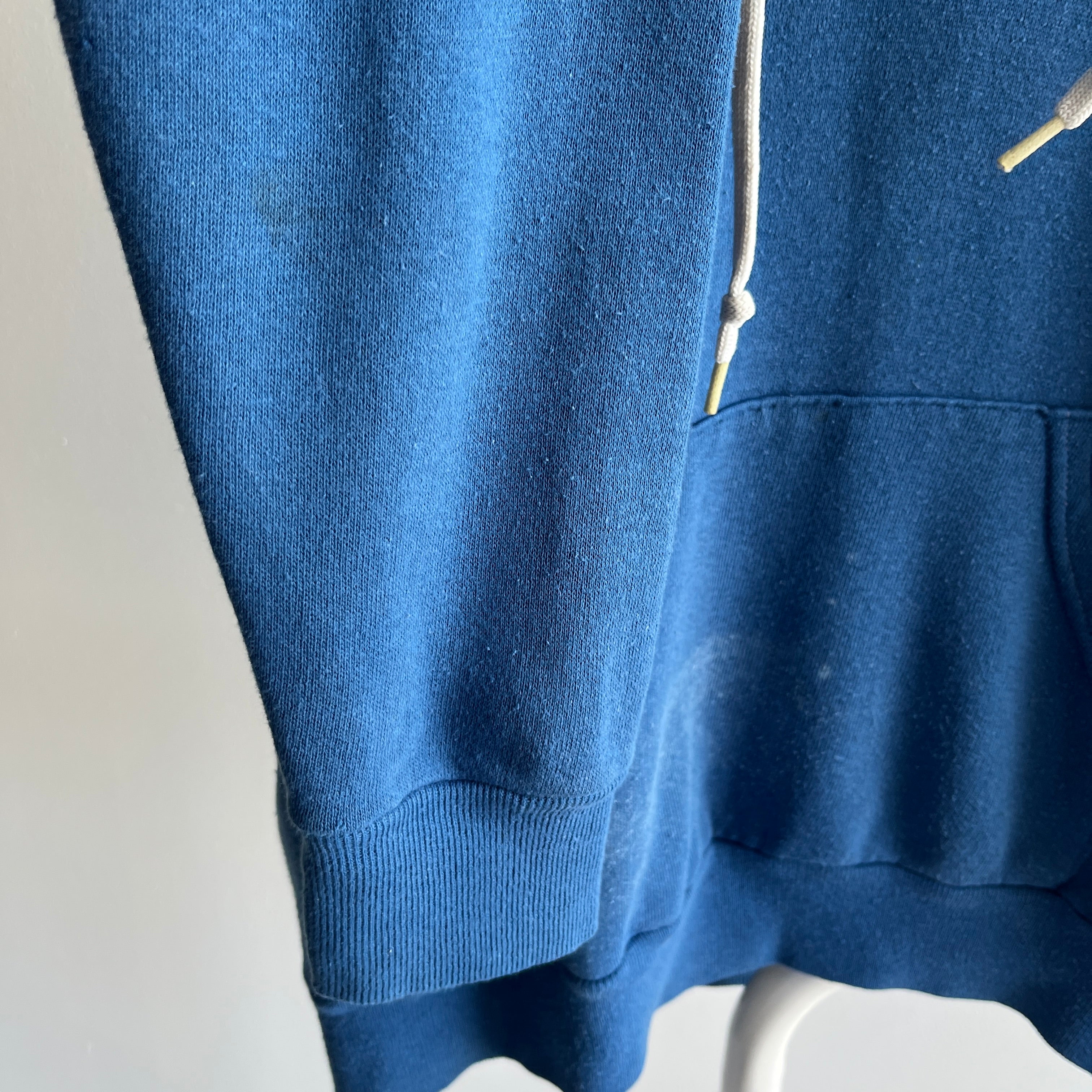 1980s Soft, Thin and Slouchy Bleach Stained Blue Hoodie - !!!!
