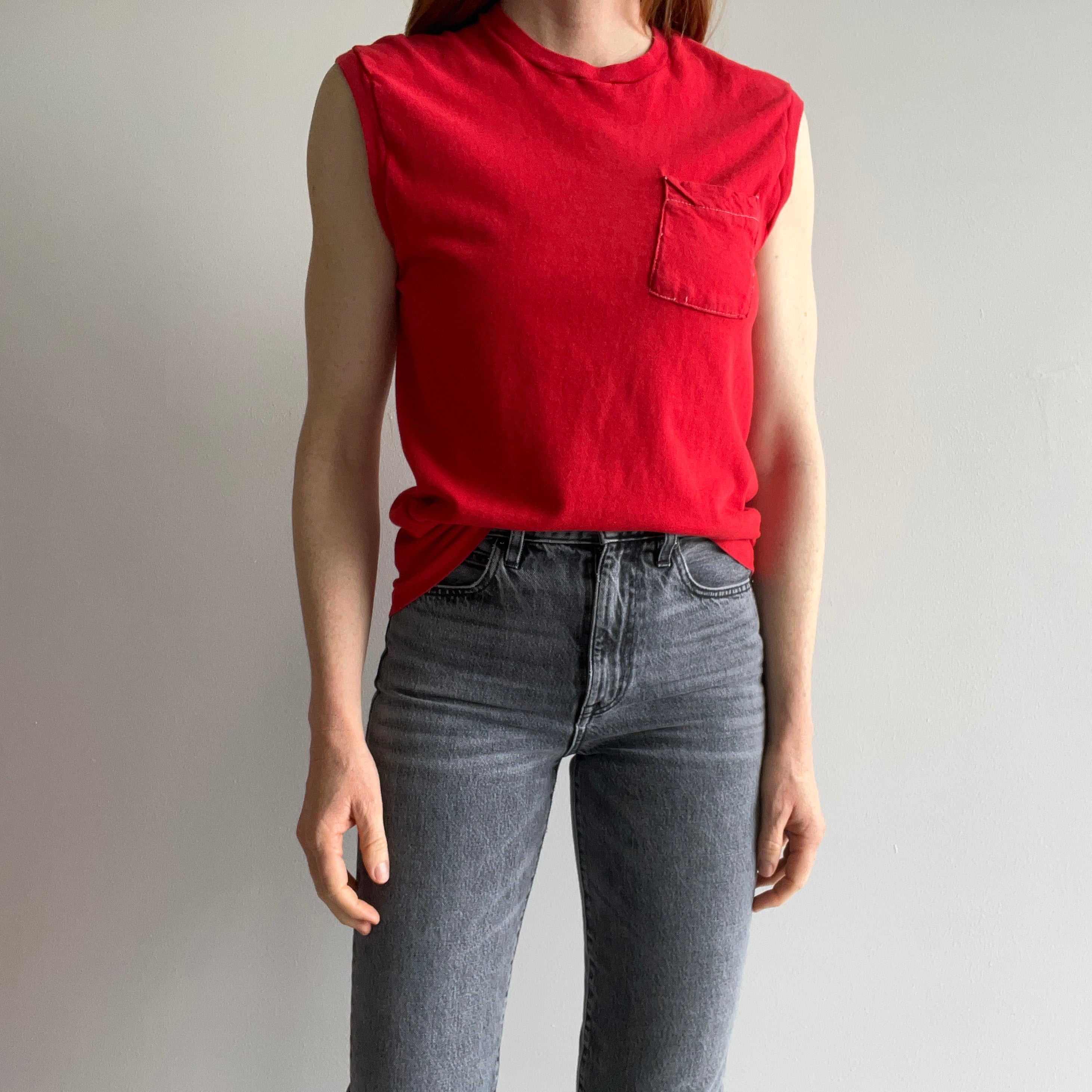 1980s (Early) Blank Red Pocket Muscle Tank with Contrast Stitching - AWWWWW