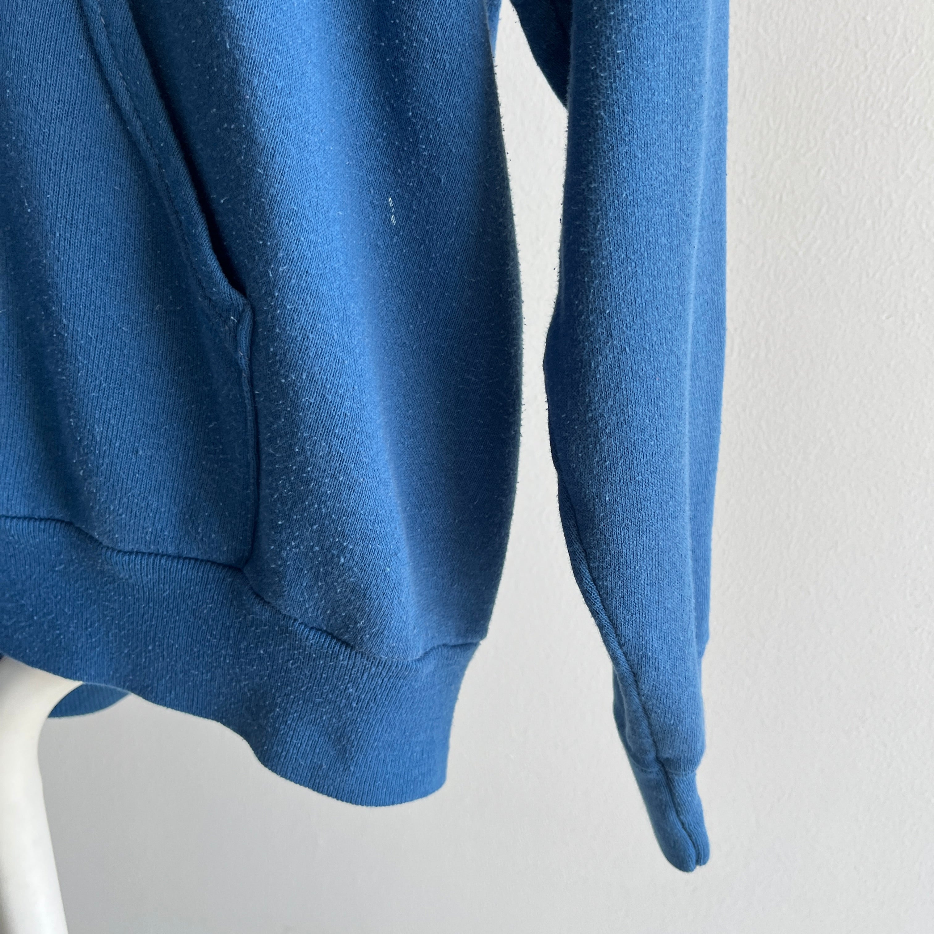 1980s Soft, Thin and Slouchy Bleach Stained Blue Hoodie - !!!!