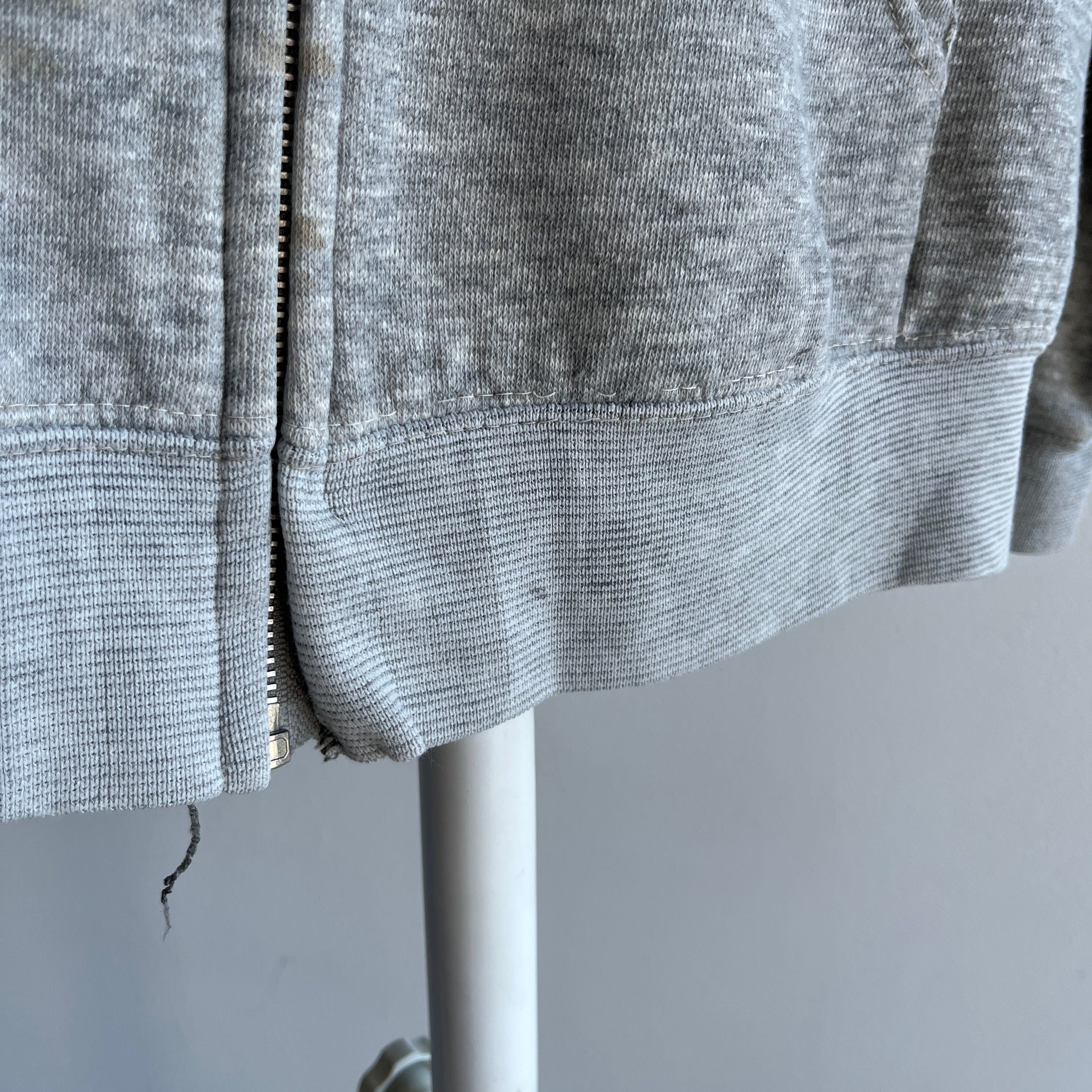 1980s Thin Gray Zip Up Hoodie with Light Staining - Including Paint