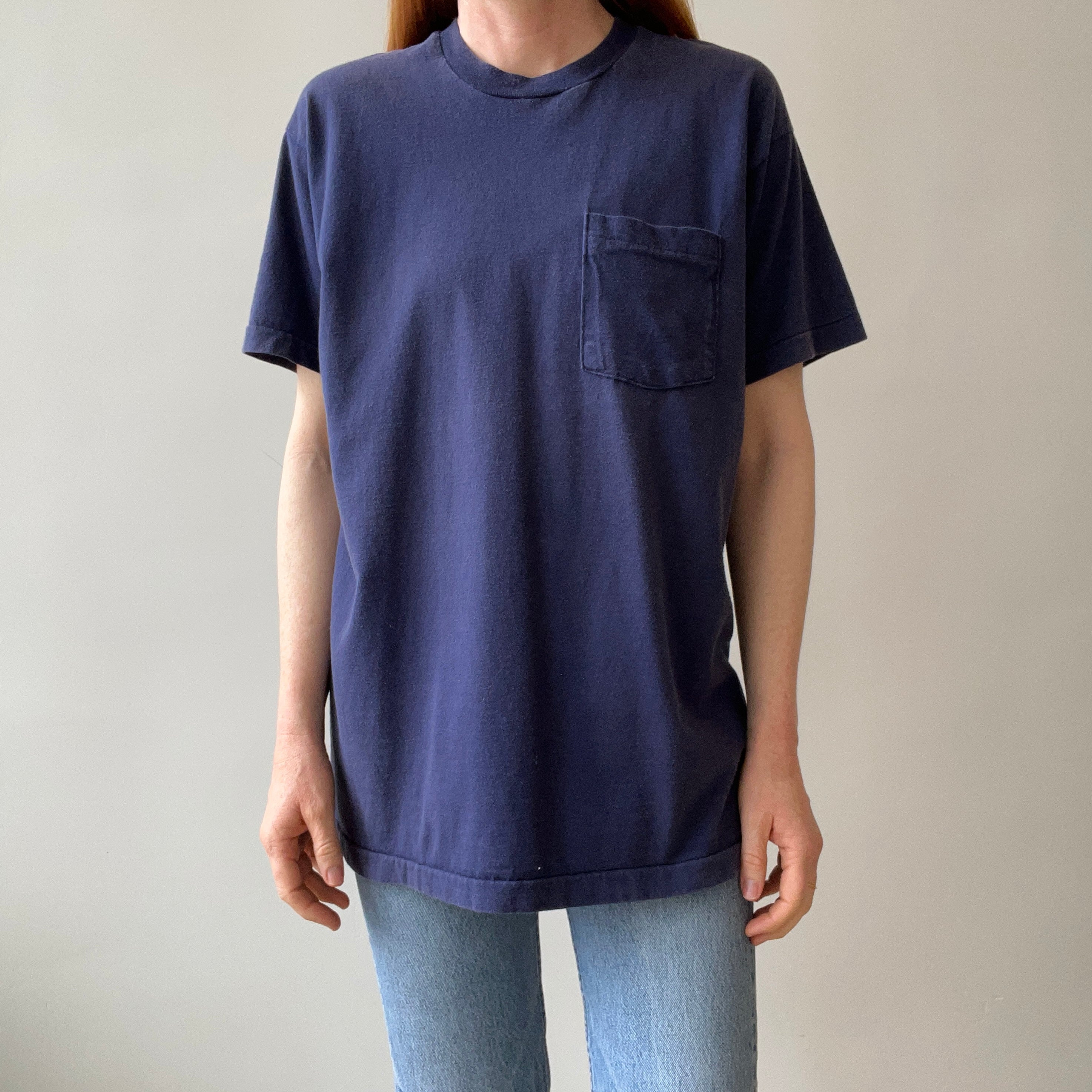 1990s Navy Pocket T-Shirt - Cotton