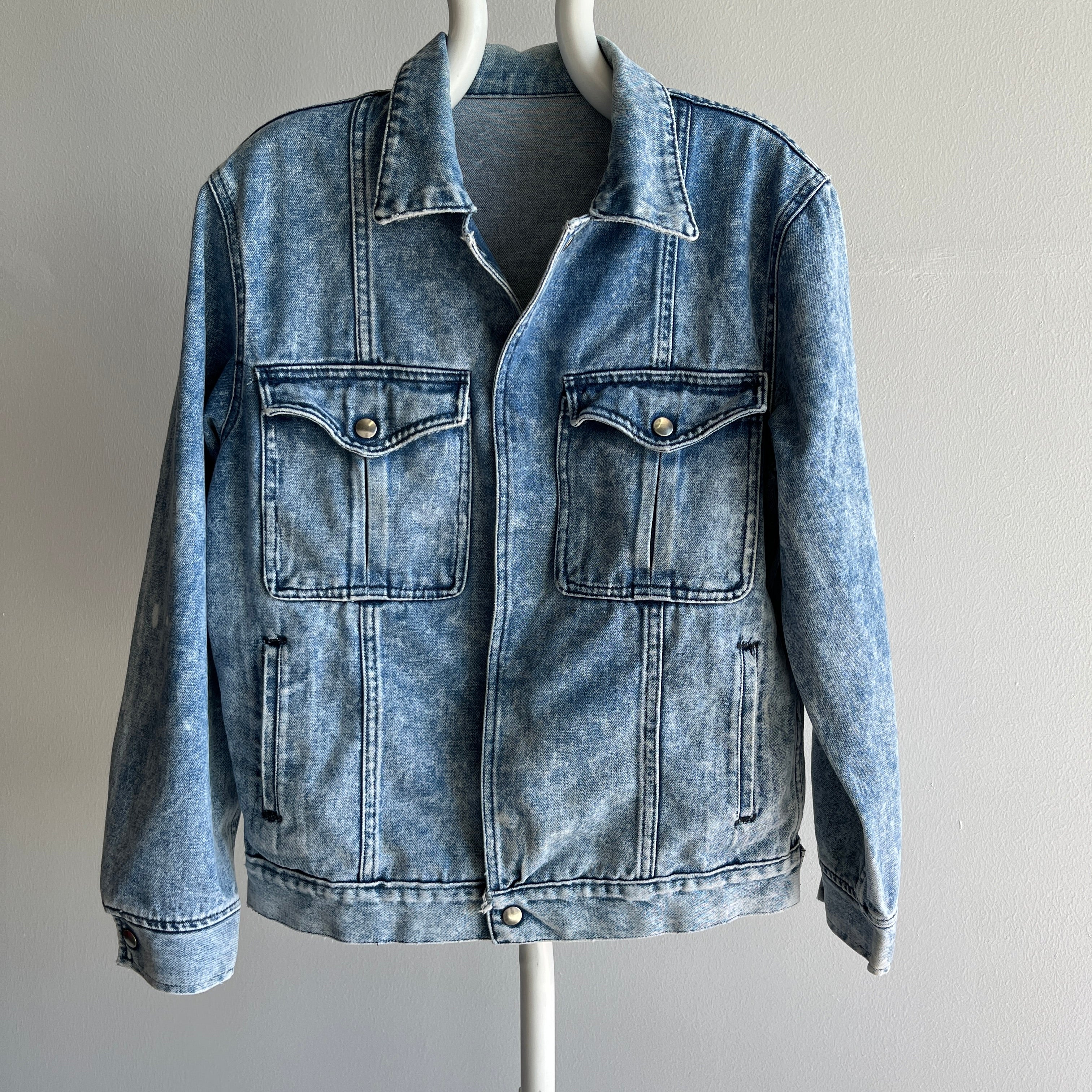 1980s Acid Wash Epic Chest Pocket Snap Denim Jacket with Bleach Staining