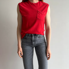 1980s (Early) Blank Red Pocket Muscle Tank with Contrast Stitching - AWWWWW