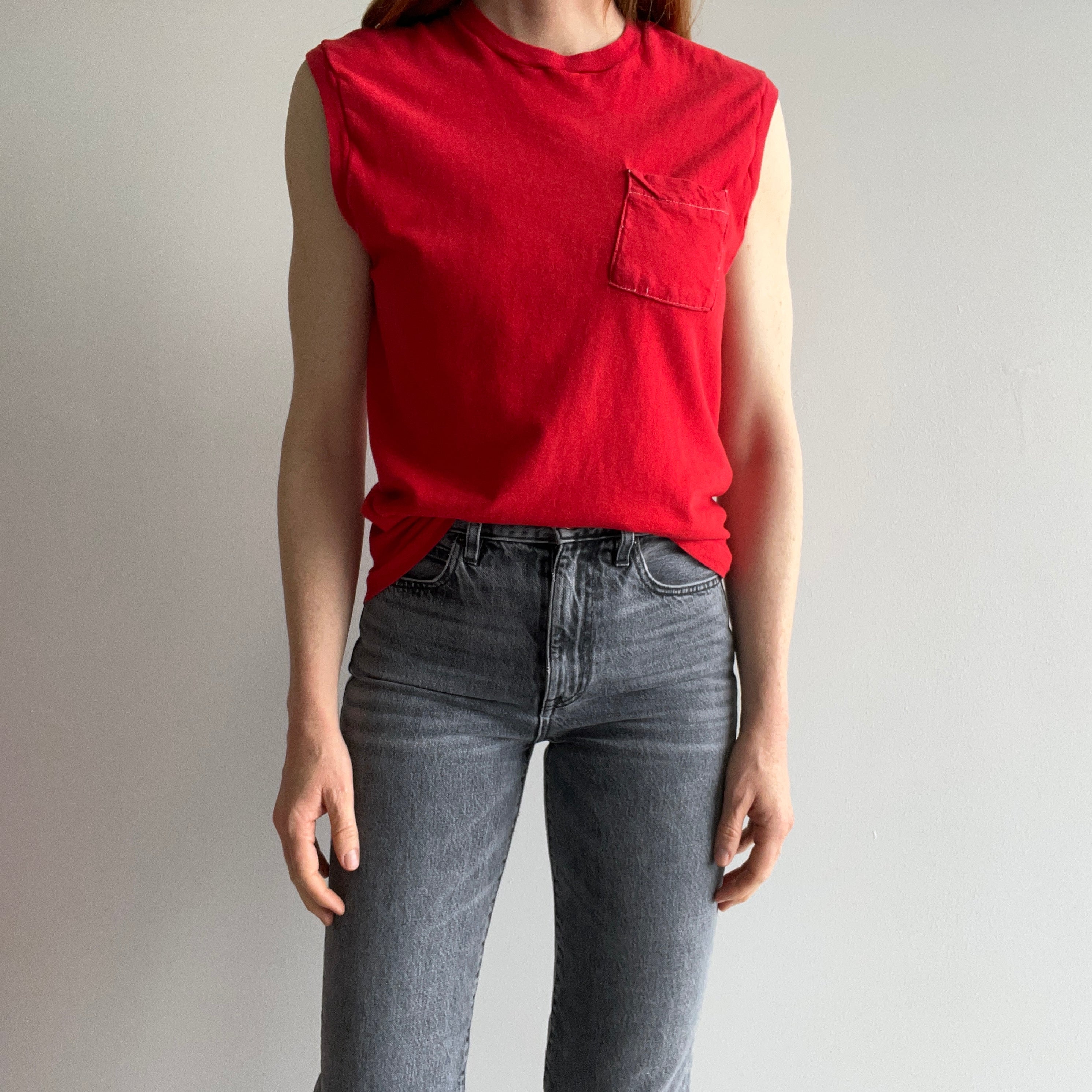 1980s (Early) Blank Red Pocket Muscle Tank with Contrast Stitching - AWWWWW