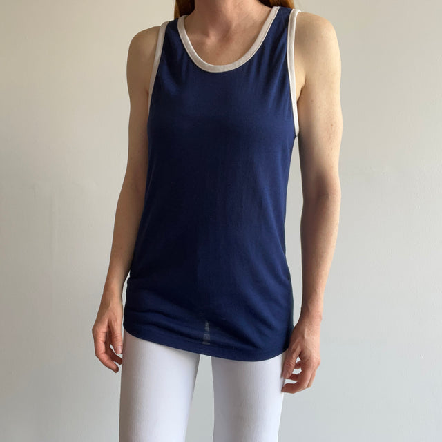 1970s Navy and White Thin and Slouchy Lovely Tank Top