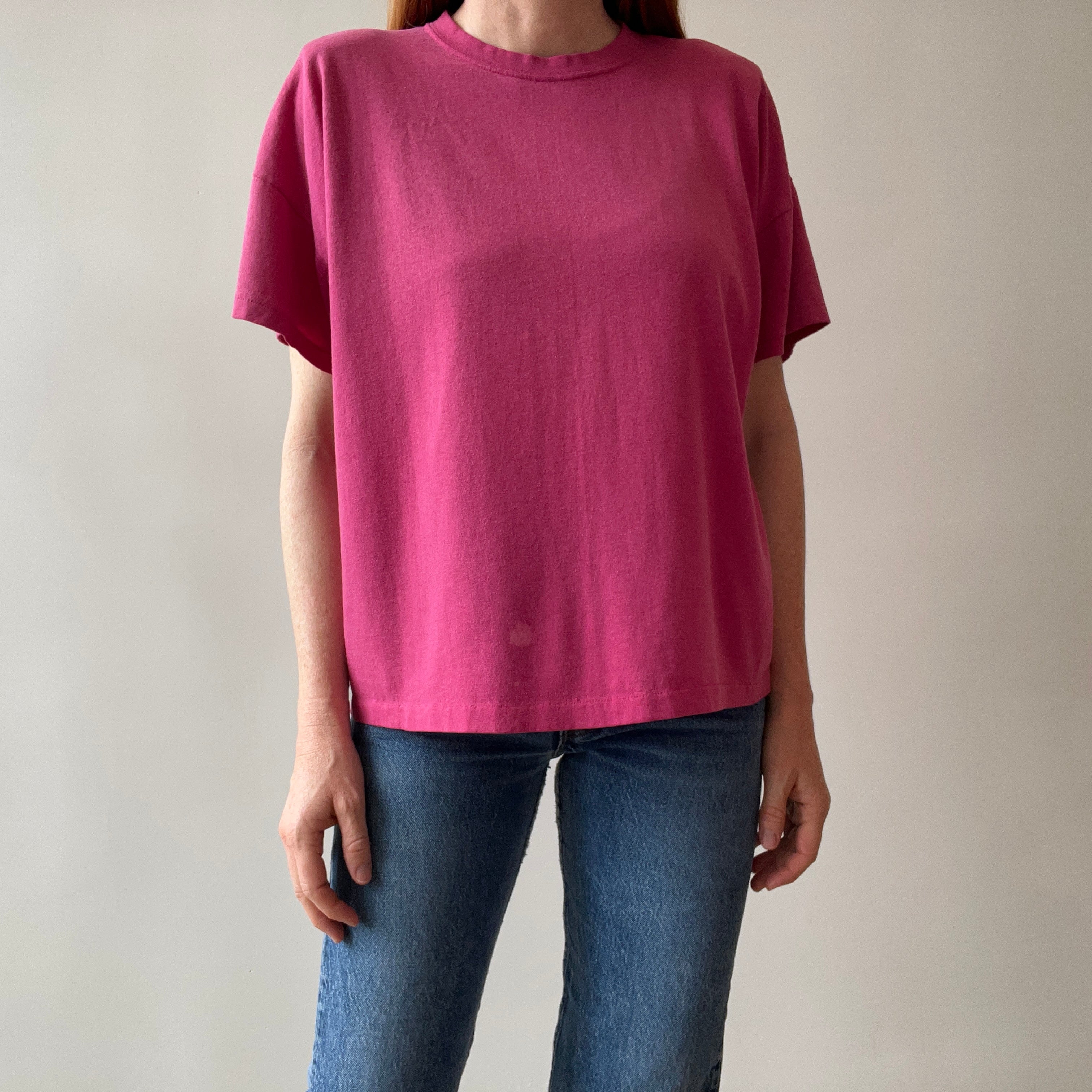 1980s Bleach Stained Hot Pink with Shoulder Pads Slouchy T-Shirt