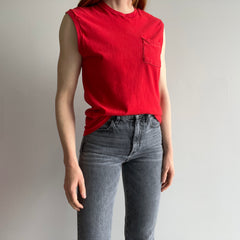 1980s (Early) Blank Red Pocket Muscle Tank with Contrast Stitching - AWWWWW