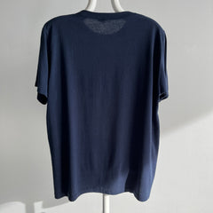 1970s Rolled Neck Blank Navy 50/50 T-Shirt with Side Mending