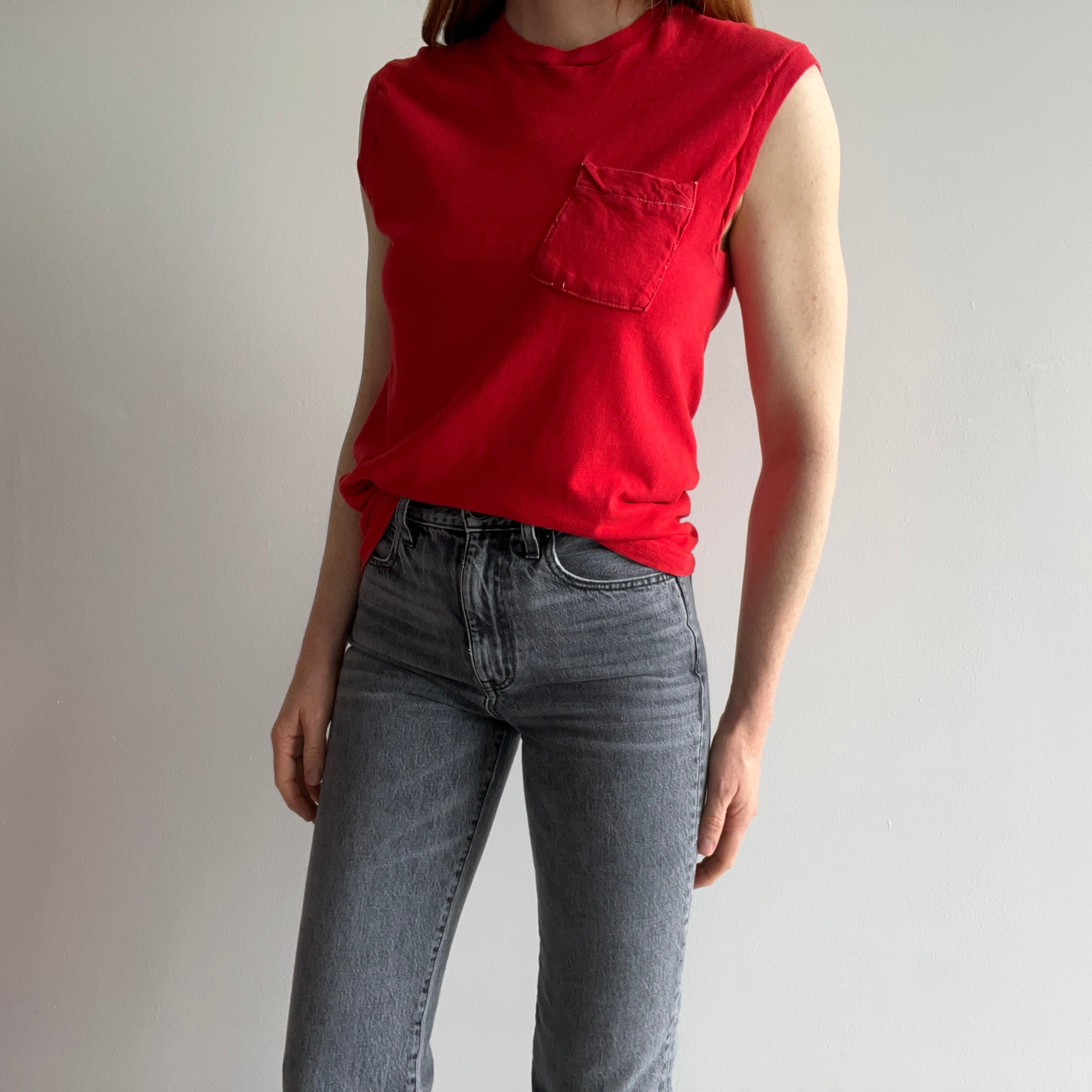 1980s (Early) Blank Red Pocket Muscle Tank with Contrast Stitching - AWWWWW