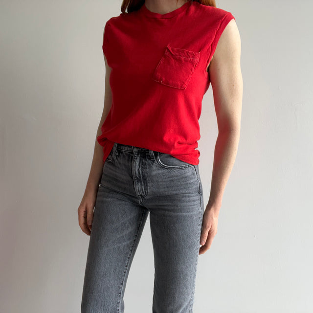 1980s (Early) Blank Red Pocket Muscle Tank with Contrast Stitching - AWWWWW