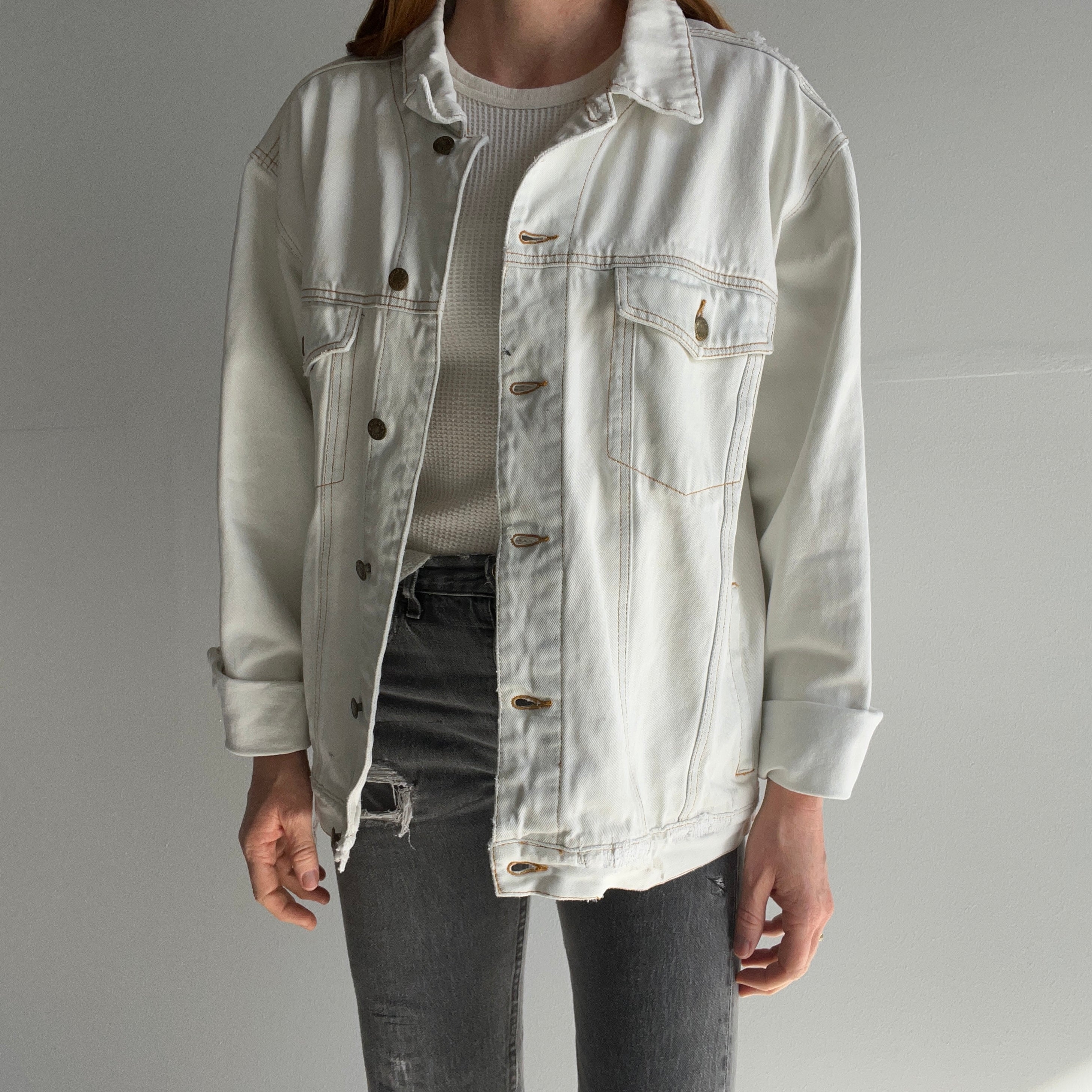 1990s Washed Out Mended and Tattered Denim Jean Jacket