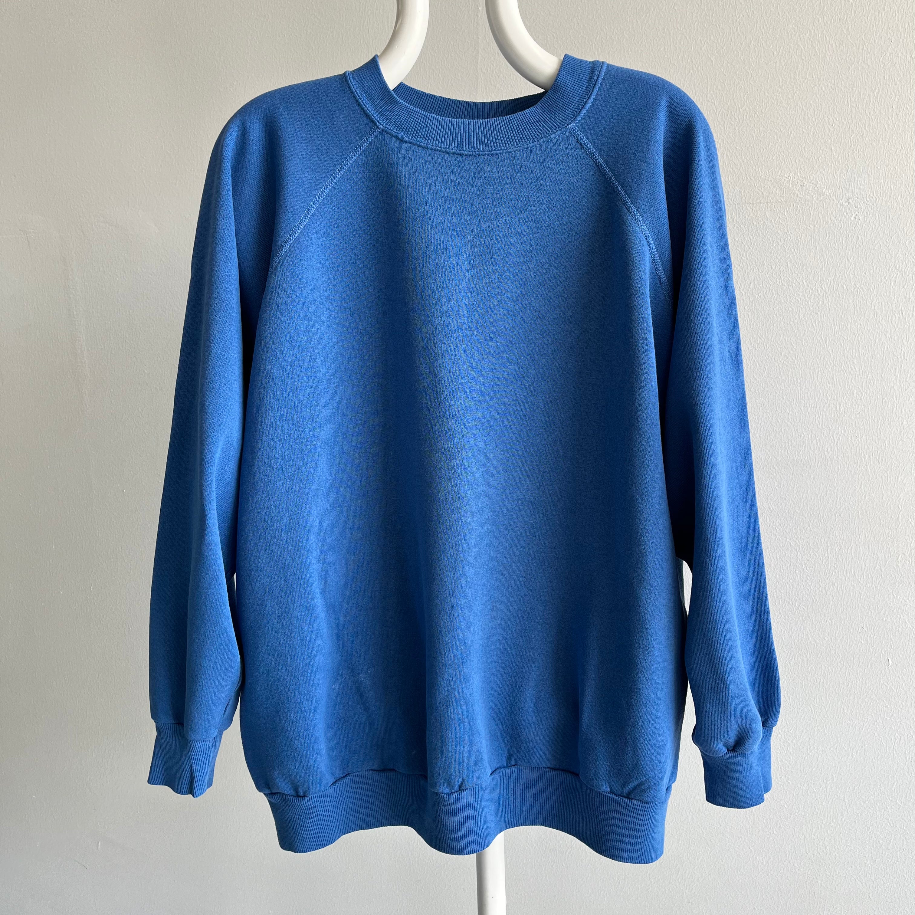 1980s Relaxed Fit Blank Blue Raglan Sweatshirt