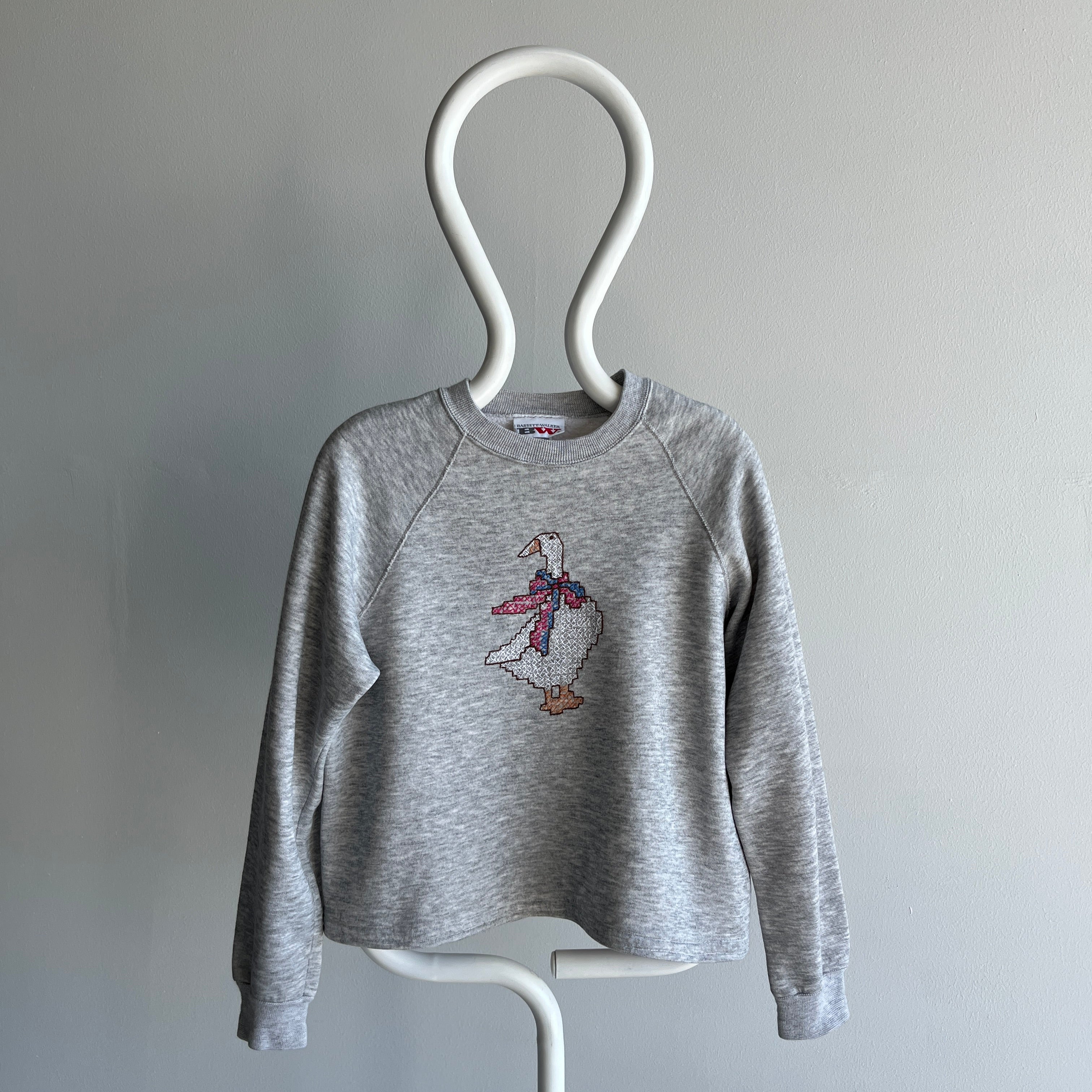 1980s DIY Goose Stitched Sweatshirt with an Interior Lace Hem