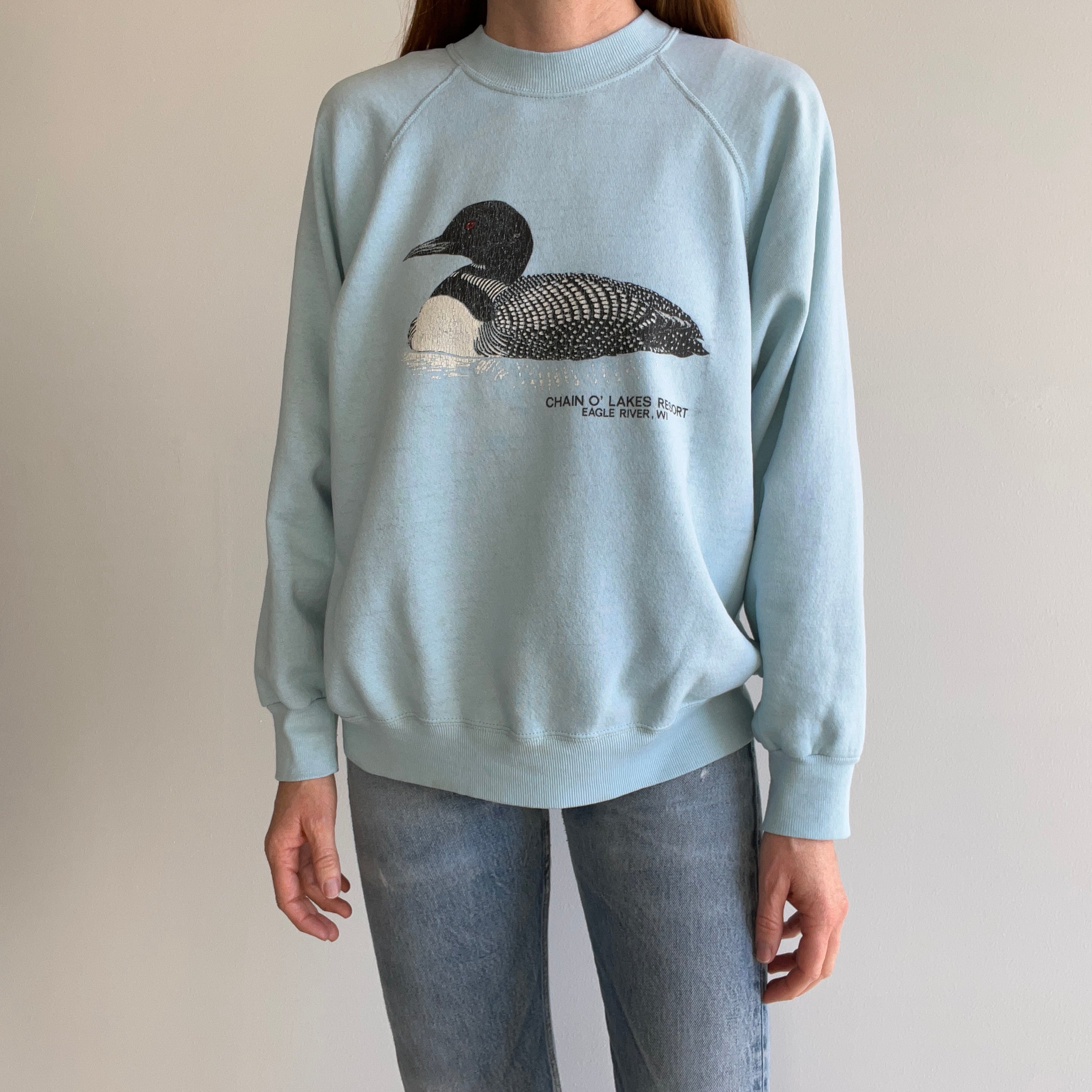 1980s Paper Thin Chain O' Lakes Resort. Eagle River, Wisconsin Duck Sweatshirt