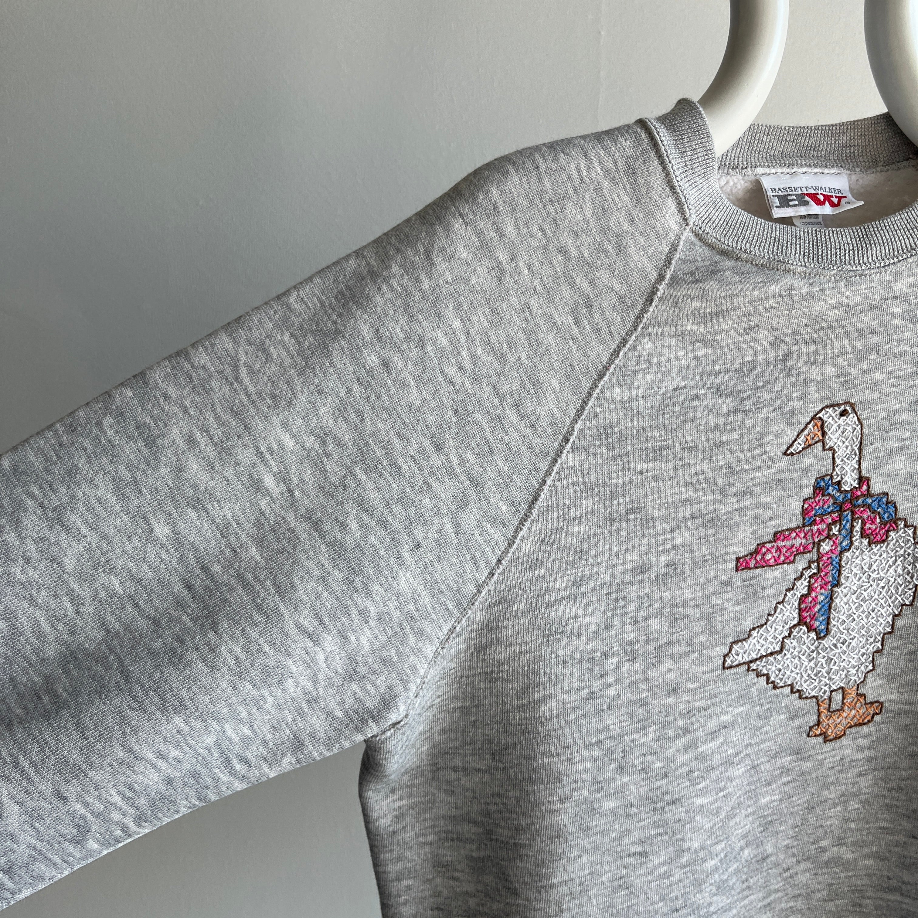 1980s DIY Goose Stitched Sweatshirt with an Interior Lace Hem