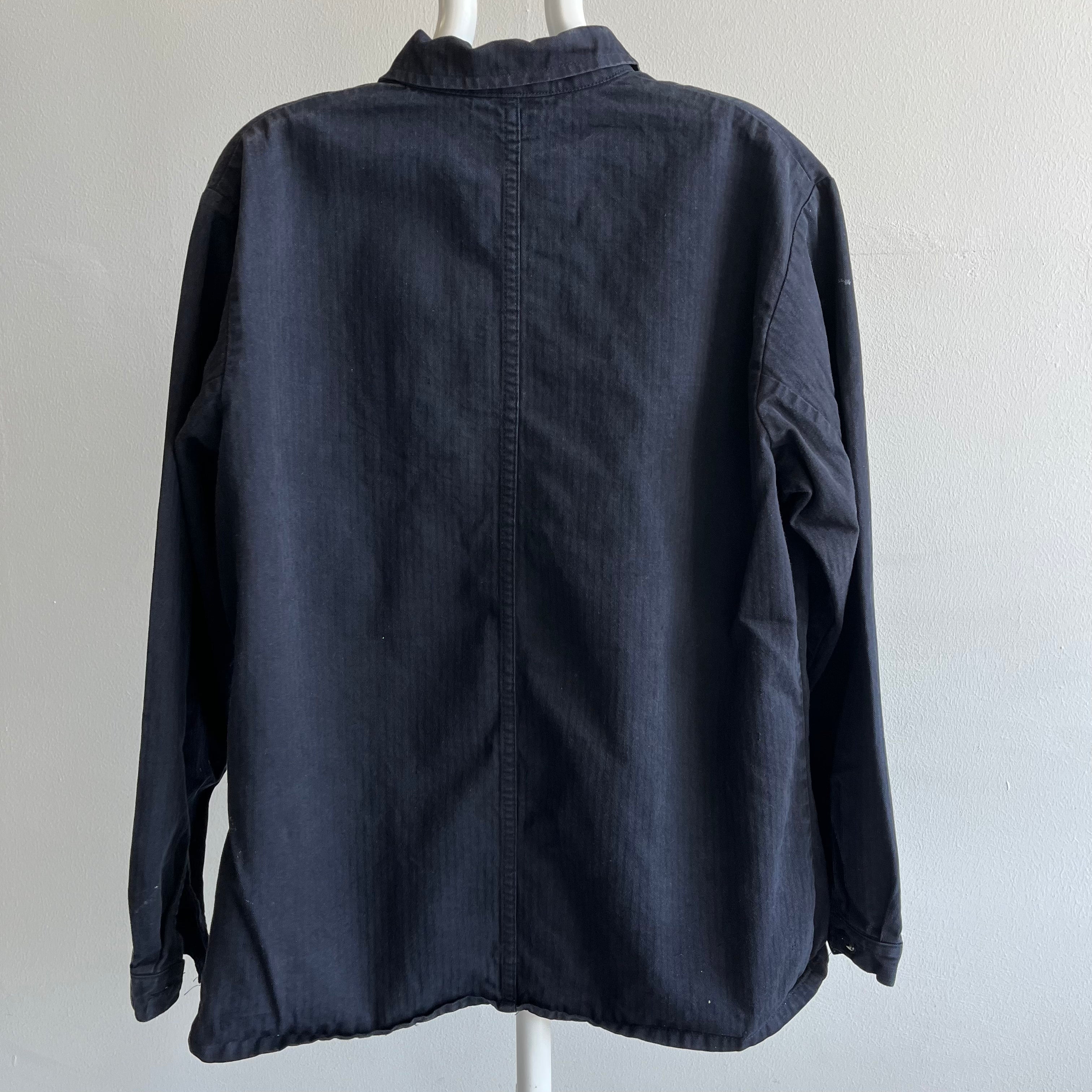 1970s Re Dyed Black Herringbone Twill Nicely Stained Cotton Chore Coat