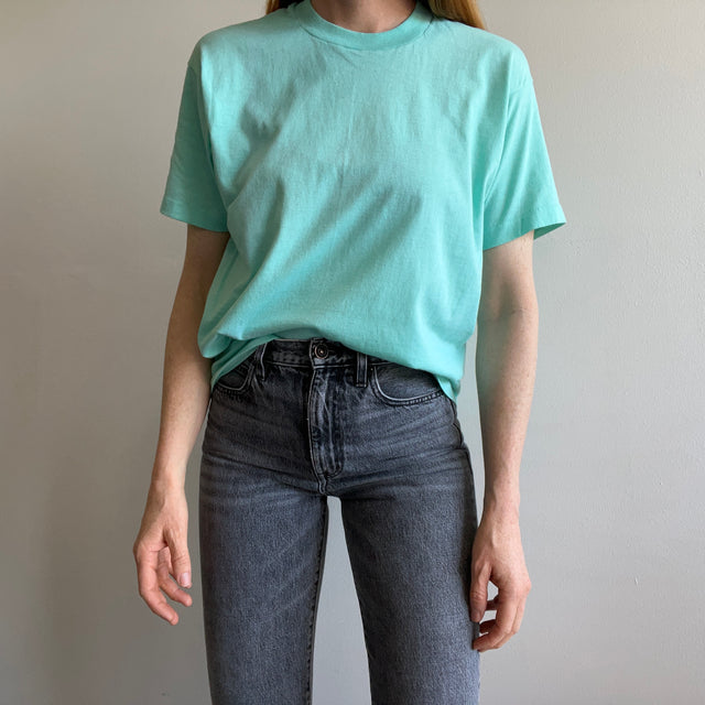 1980s Sea Foam Blue/Green Blank 50/50 T-Shirt with Fold Fades