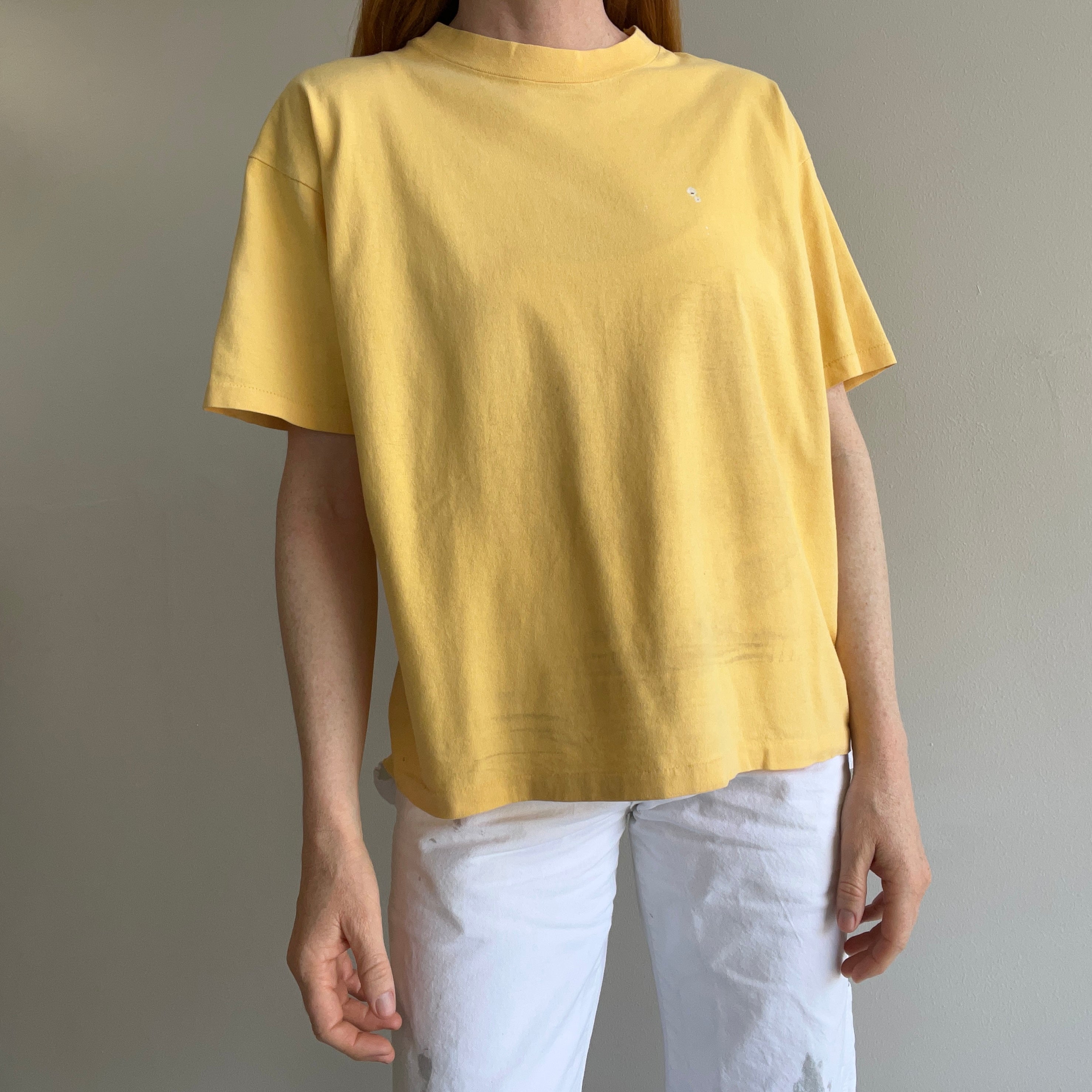 1990s Pale Buttery Yellow HHW Nicely Stained in All the Right Ways Cotton T-Shirt